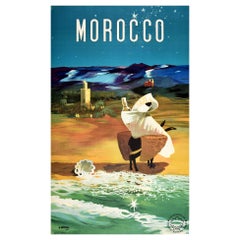 Affiche rétro originale de voyage, Maroc, Afrique, Paire de chèvres, Montagnes, ciel nocturne