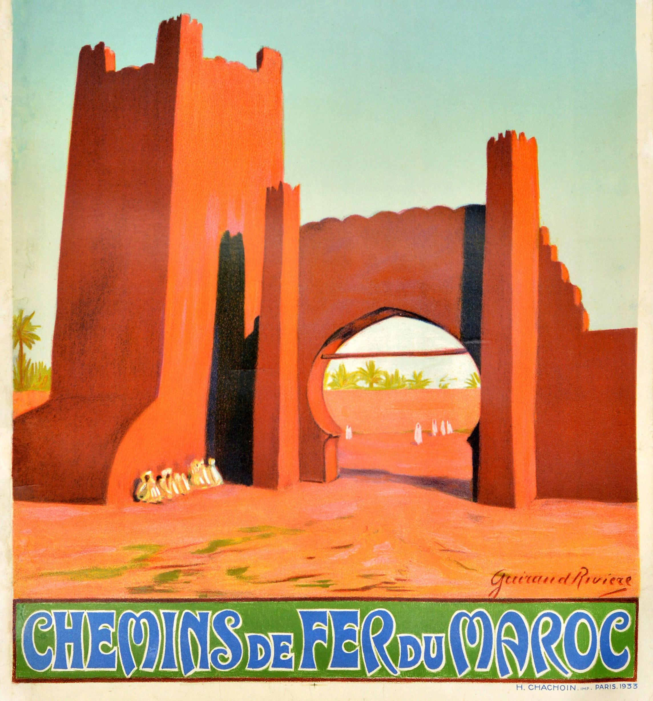 Français Affiche de voyage originale du Maroc Chemins De Fer Du Maroc Guiraud Riviere en vente