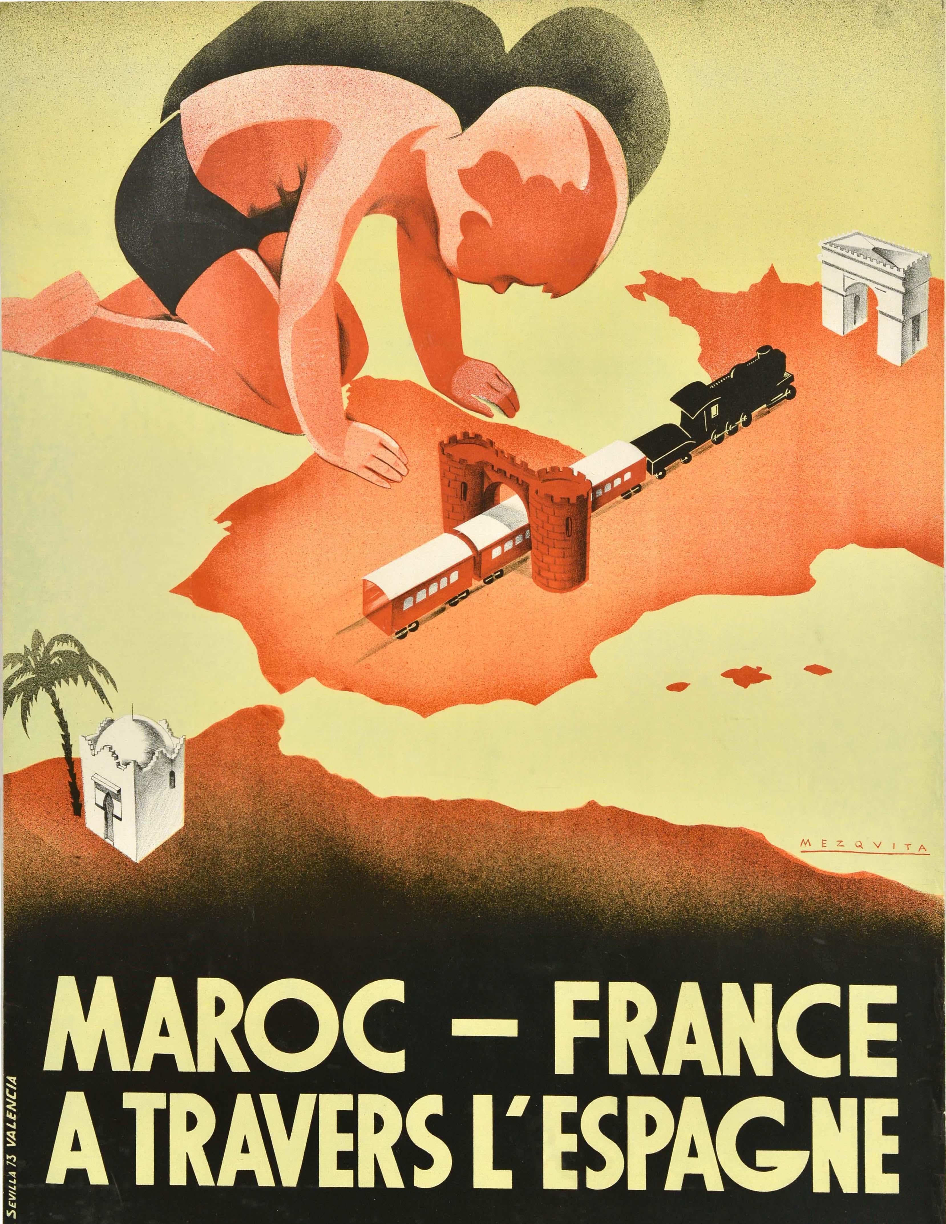 Poster di viaggio originale d'epoca - Maroc France a Travers L'Espagne Ce n'est pas sense de choisir le plus long chemin, lorsque le plus court est aussi le meilleur / Morocco France via Spain It doesn't make sense to choose the longest route when