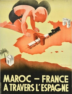 Original Vintage Travel Poster Morocco France Spain Shortest Route Mezquita