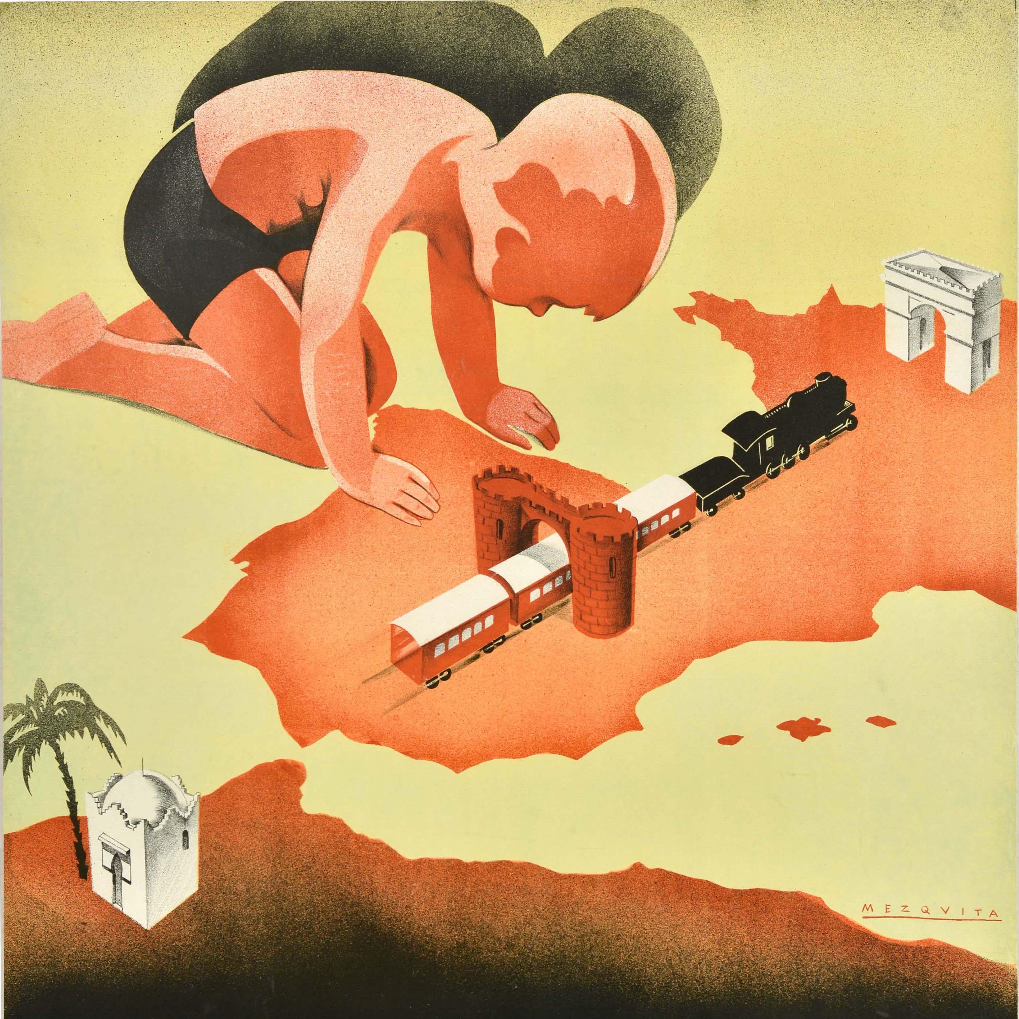 Spagnolo Poster di viaggio originale d'epoca Marocco Francia Spagna Itinerario più breve Mezquita in vendita