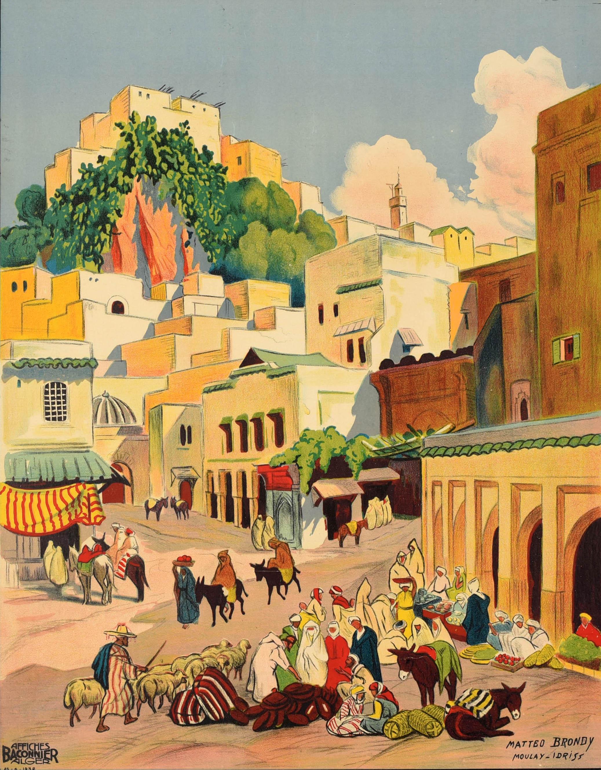 Original vintage travel poster issued by the PLM Paris Lyon Mediterranee railway for Moulay Idriss The Holy City Of Djebel Zerhoun featuring a colourful view of people walking along the hill town streets with a man shepherding a flock of sheep by a