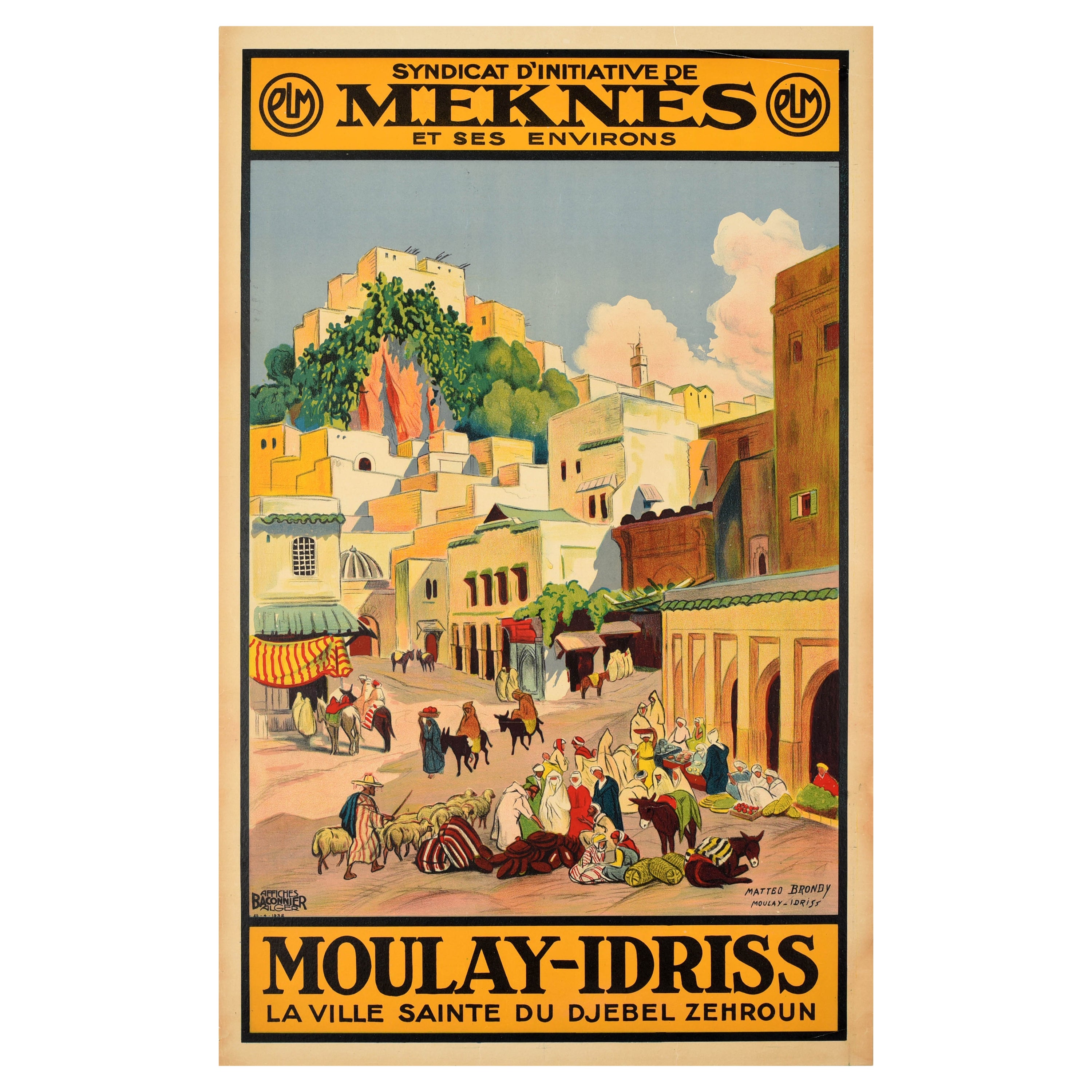 Poster di viaggio originale d'epoca Moulay Idriss Marocco Meknes Zerhoun PLM Ferrovia