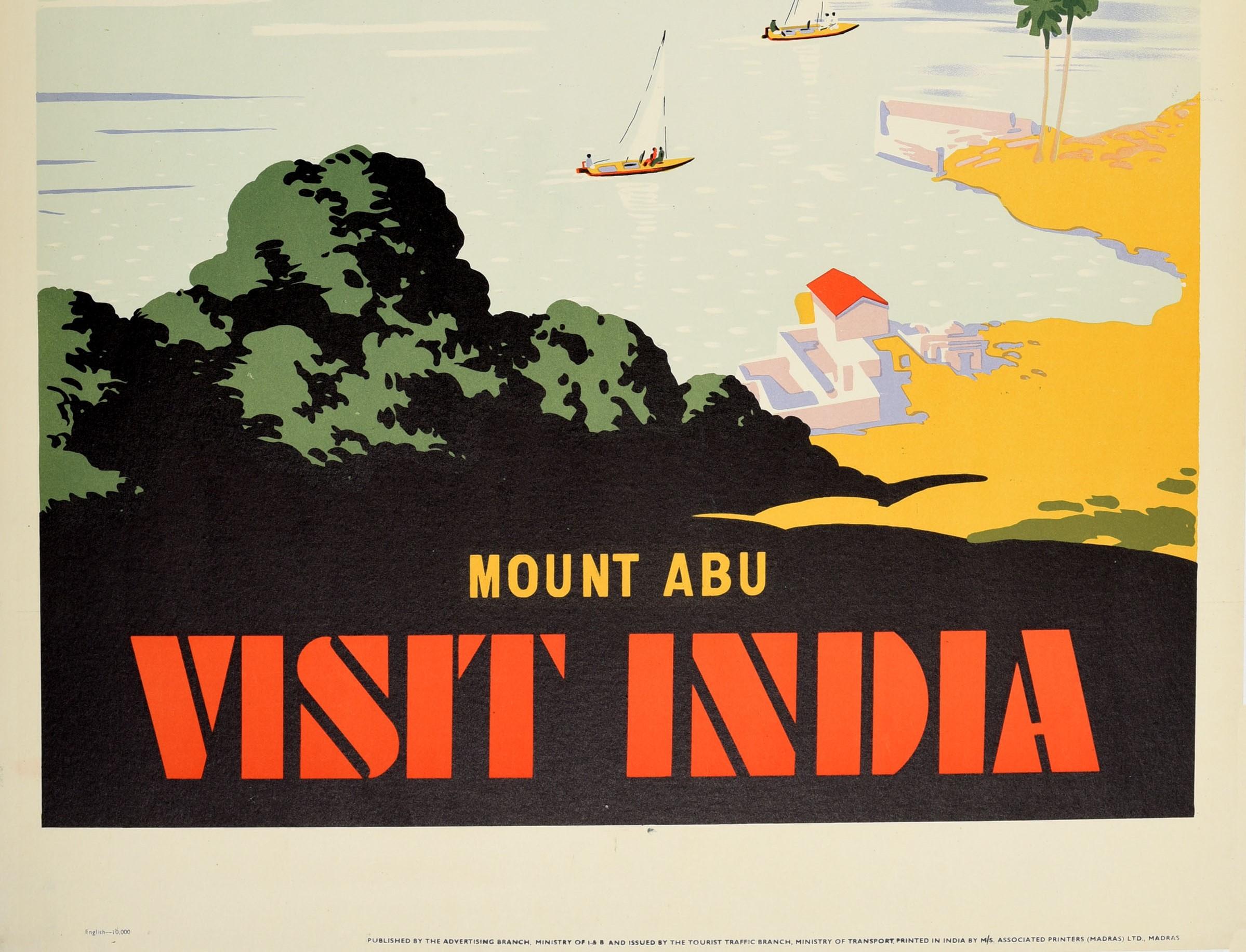Indian Original Vintage Travel Poster Mount Abu Visit India Sailing Hill Station Town For Sale