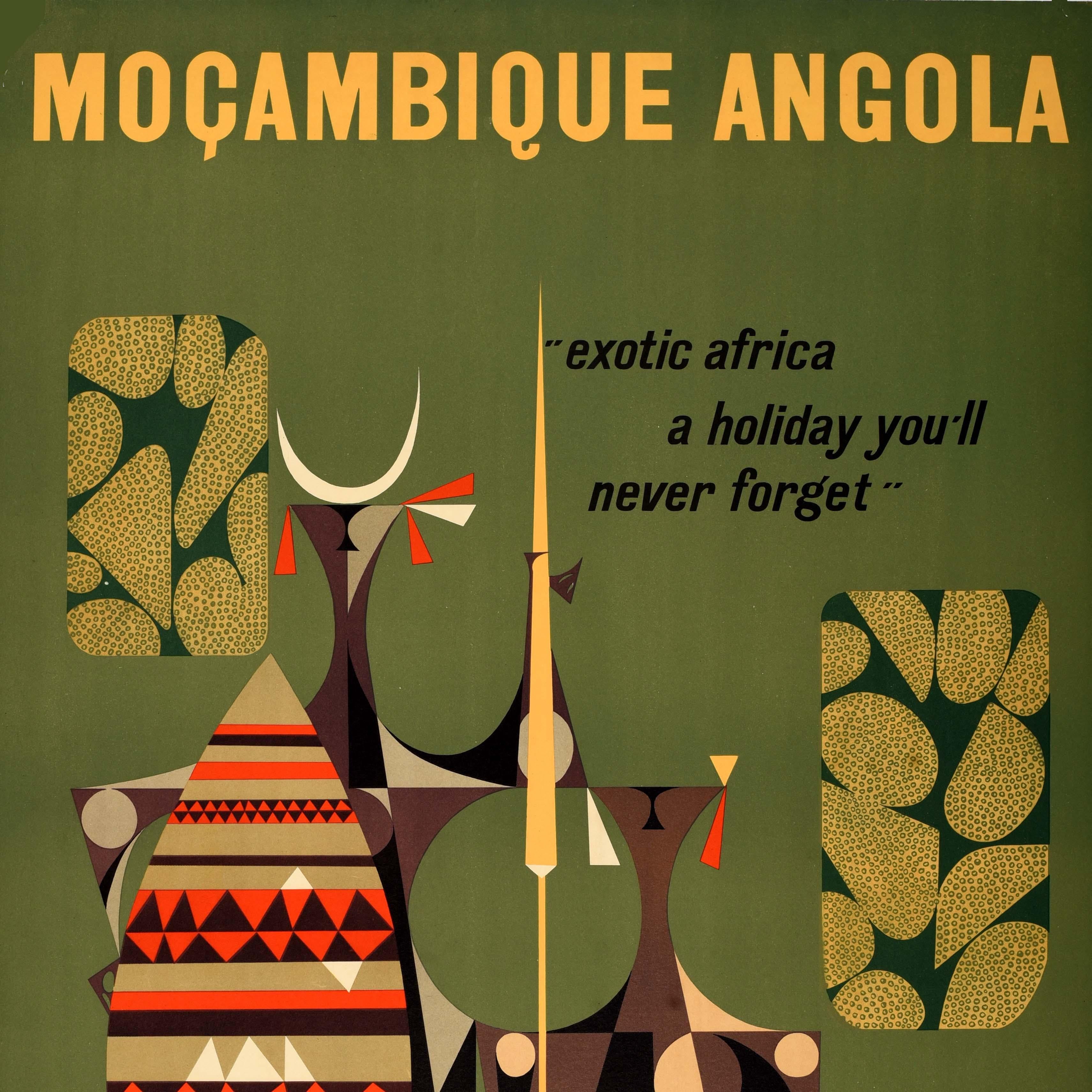 Mid-Century moderno Poster di viaggio originale d'epoca Mozambico Angola Africa Esotica Vacanze Tribù in vendita