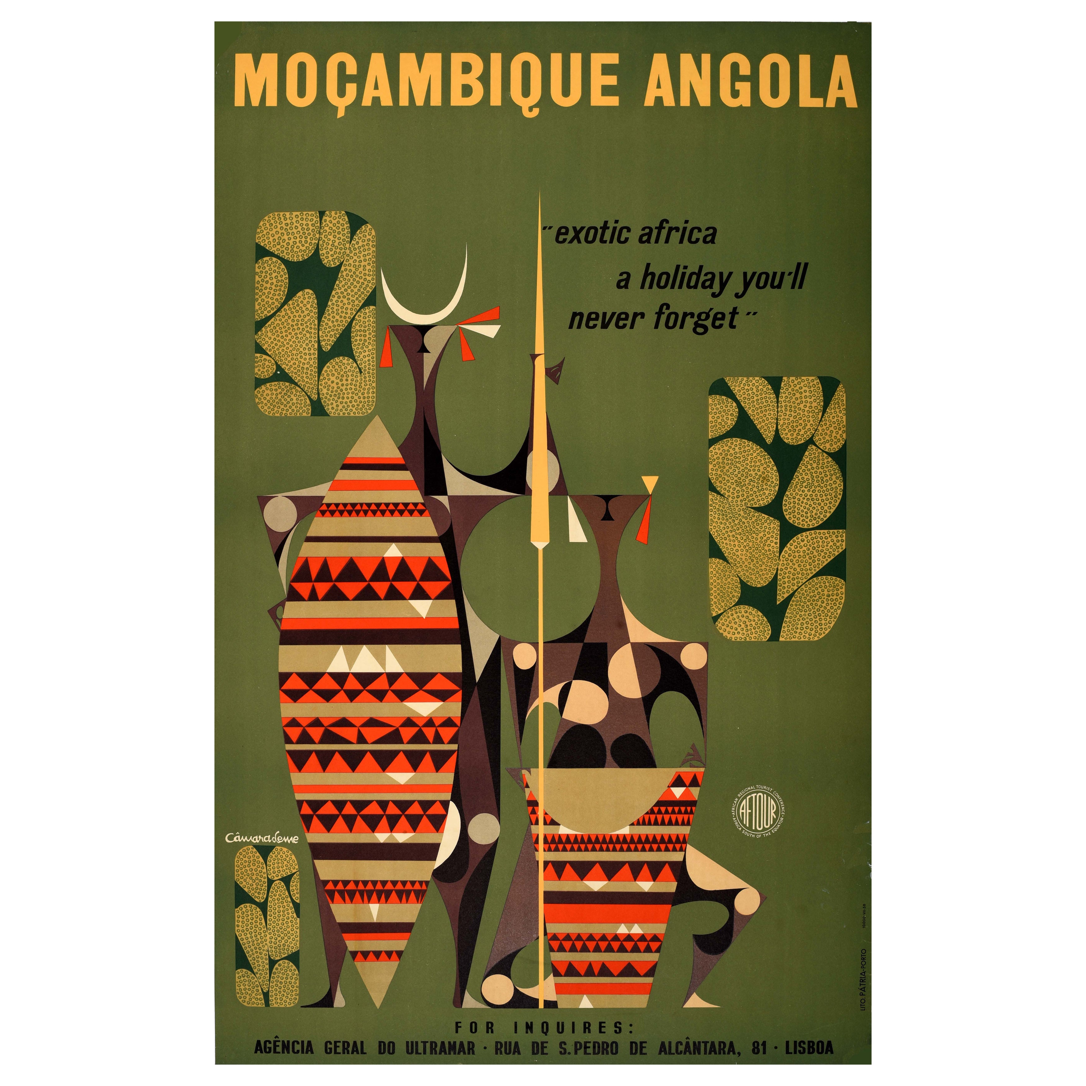 Poster di viaggio originale d'epoca Mozambico Angola Africa Esotica Vacanze Tribù