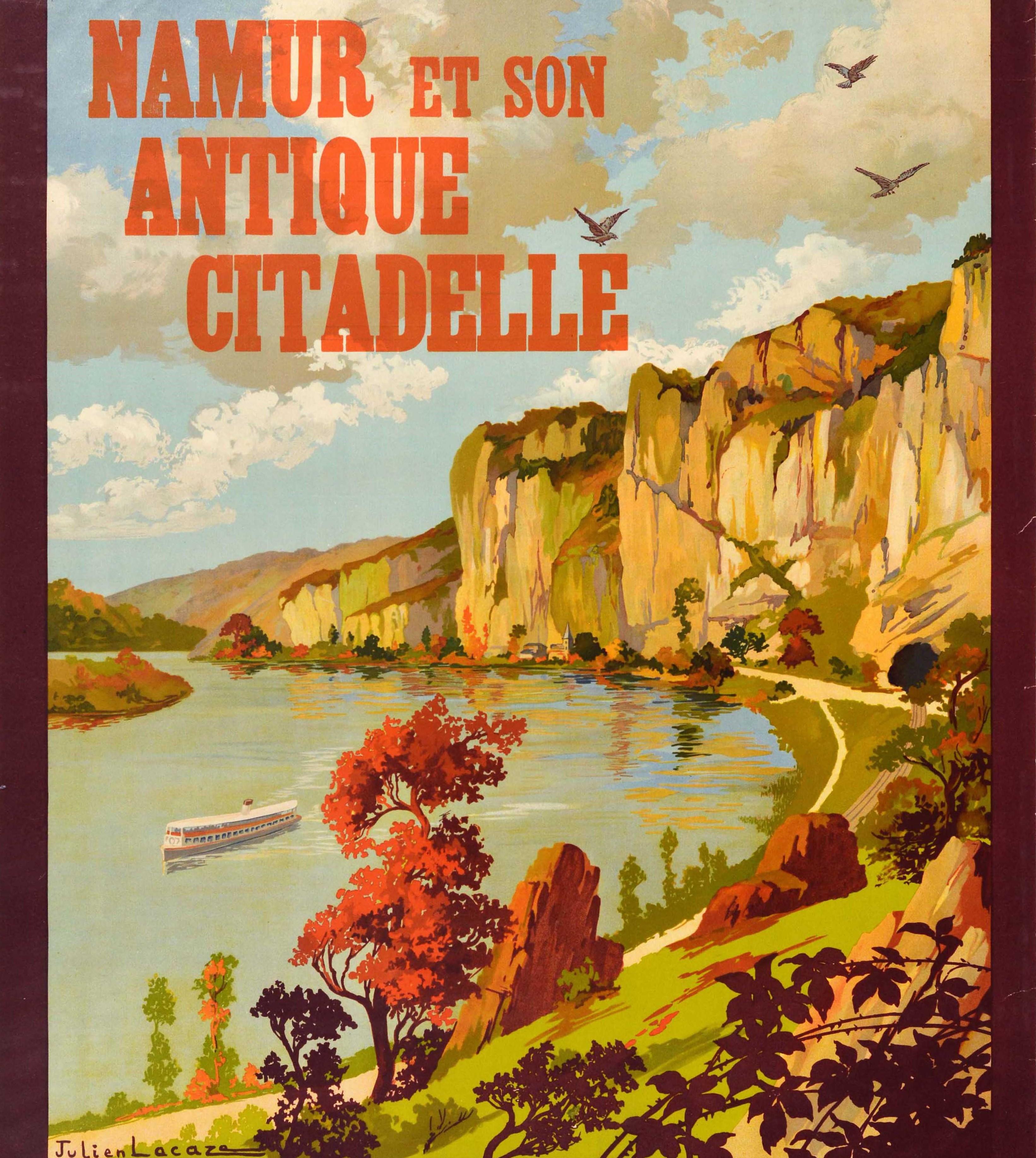 Belgian Original Vintage Travel Poster Namur Citadel River Meuse Valley Caves Train Map