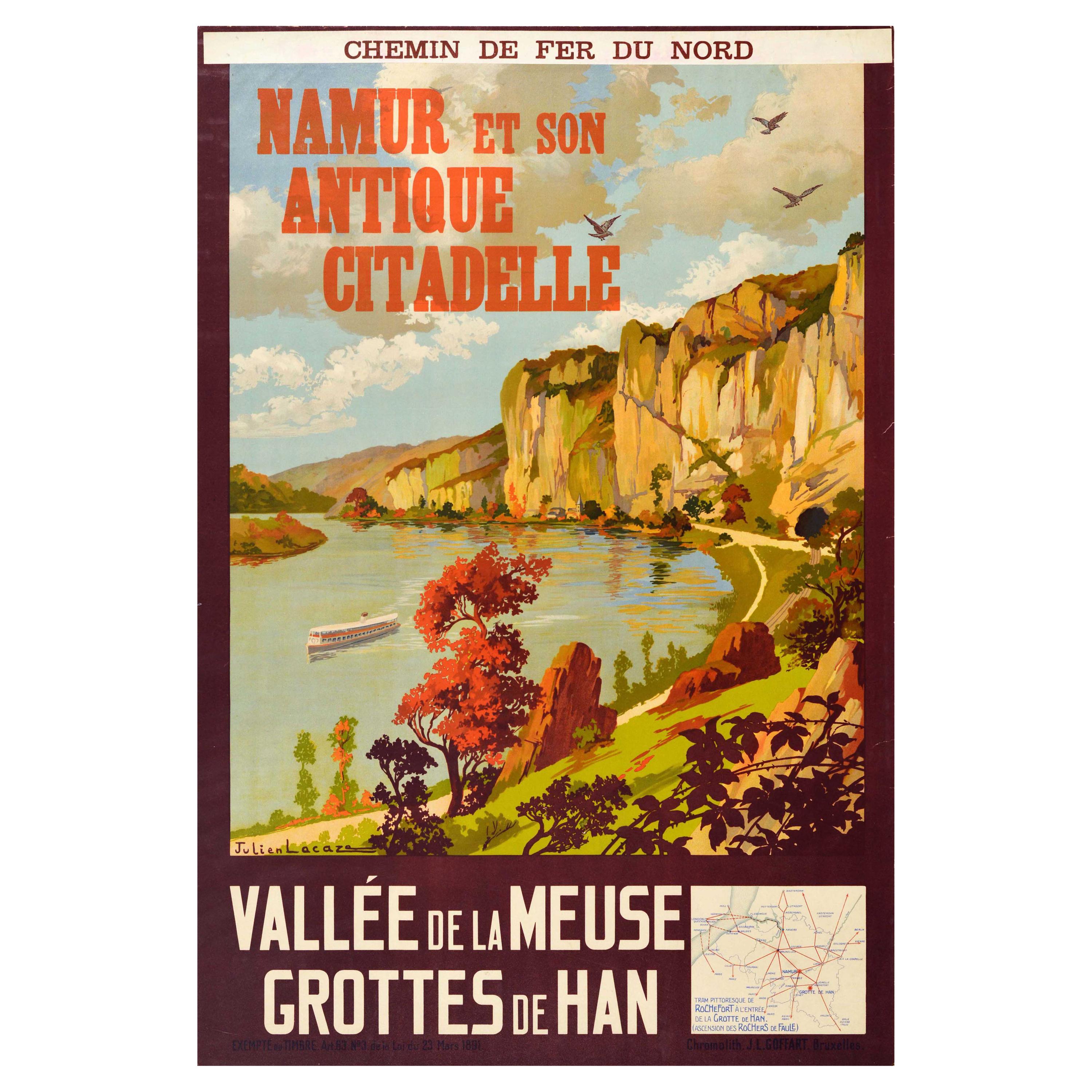 Original Vintage Travel Poster Namur Citadel River Meuse Valley Caves Train Map