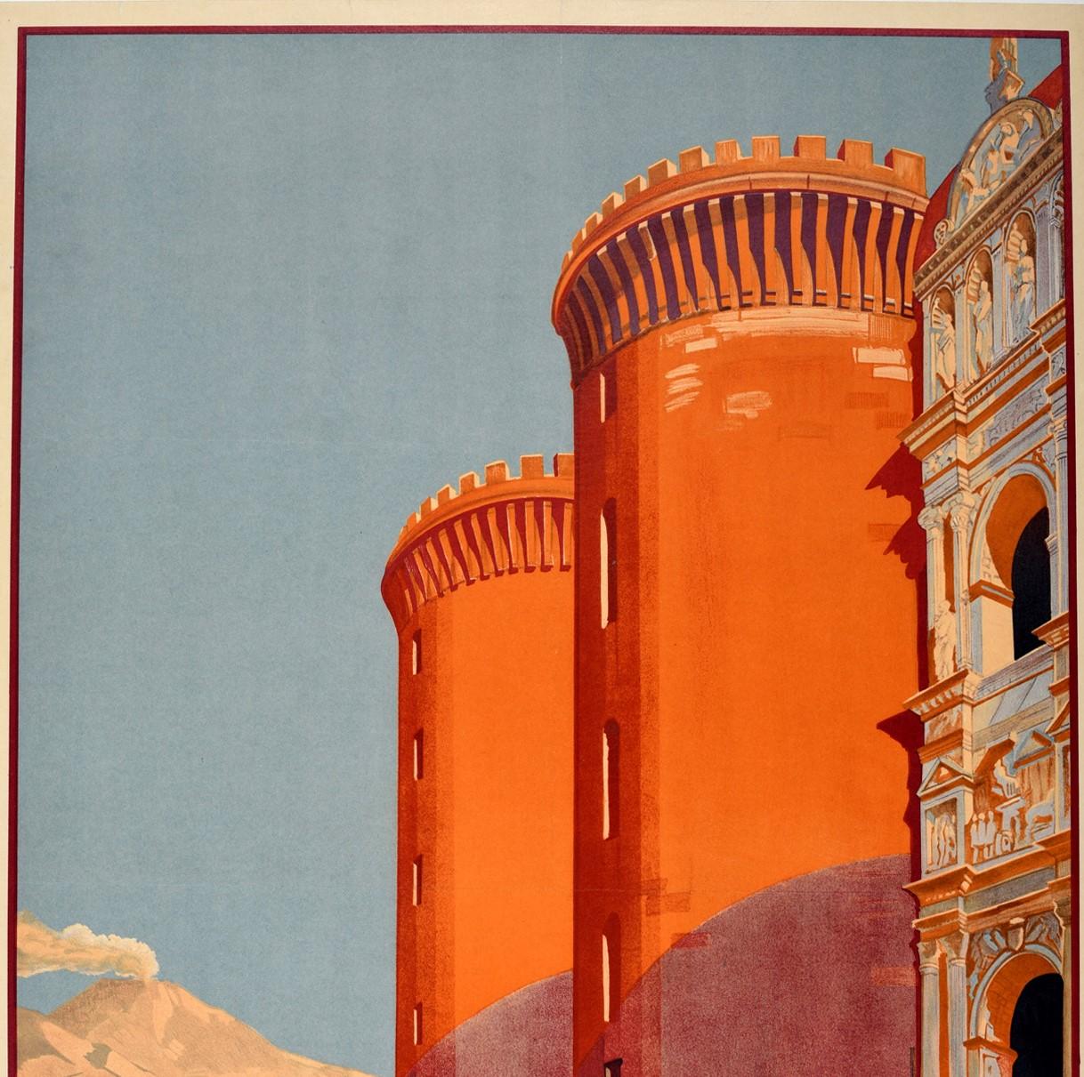 Original vintage ENIT travel poster for Napoli featuring a stunning design depicting the historic medieval Castel Nuovo / Maschio Angioino in Naples Campania Italy in the foreground with a scenic view over the harbour across the Bay of Naples