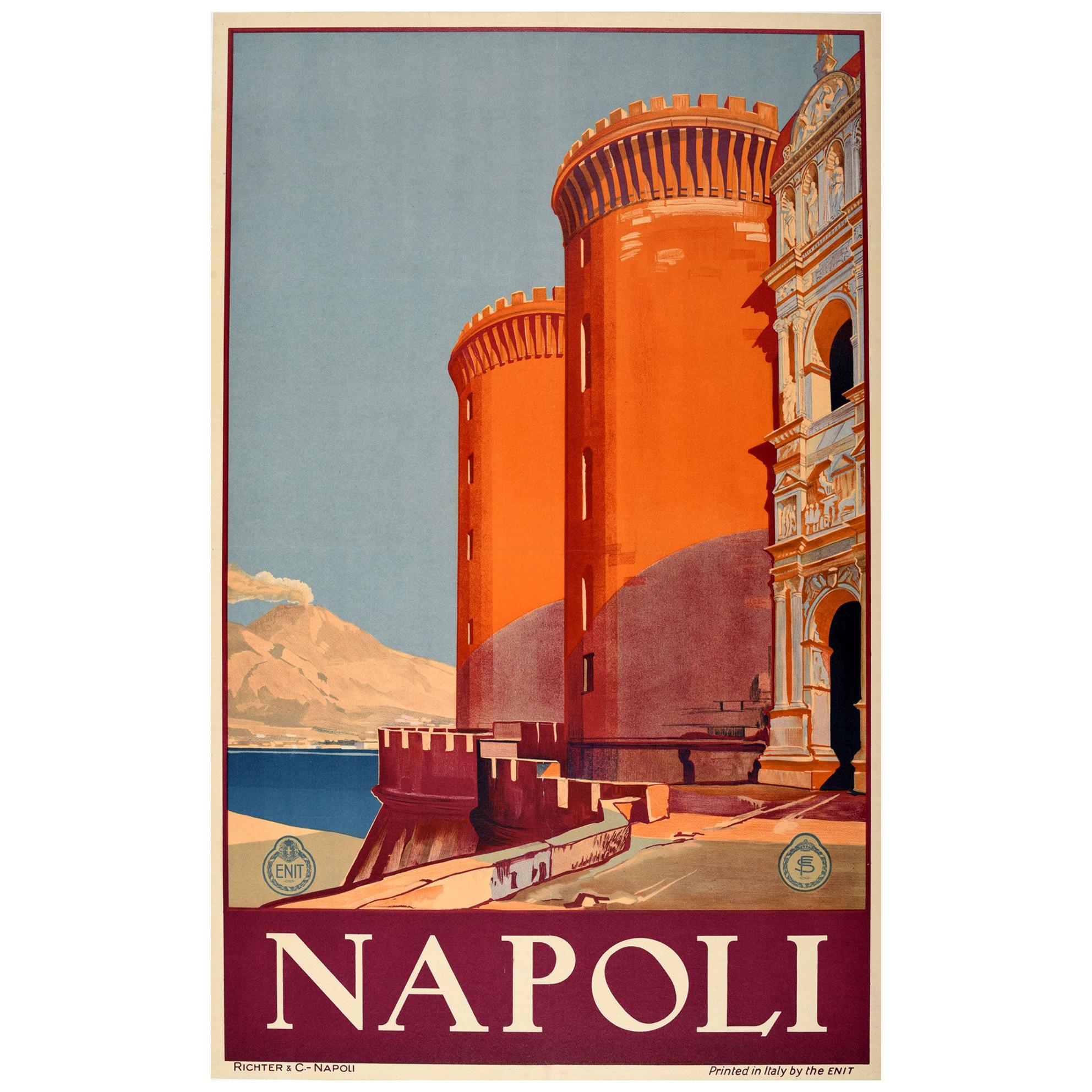 Original Vintage Travel Poster Napoli Bay Of Naples Mount Vesuvius Castel Nuovo