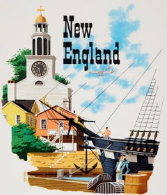 Original Vintage Travel Poster New England American Airlines Midcentury Design