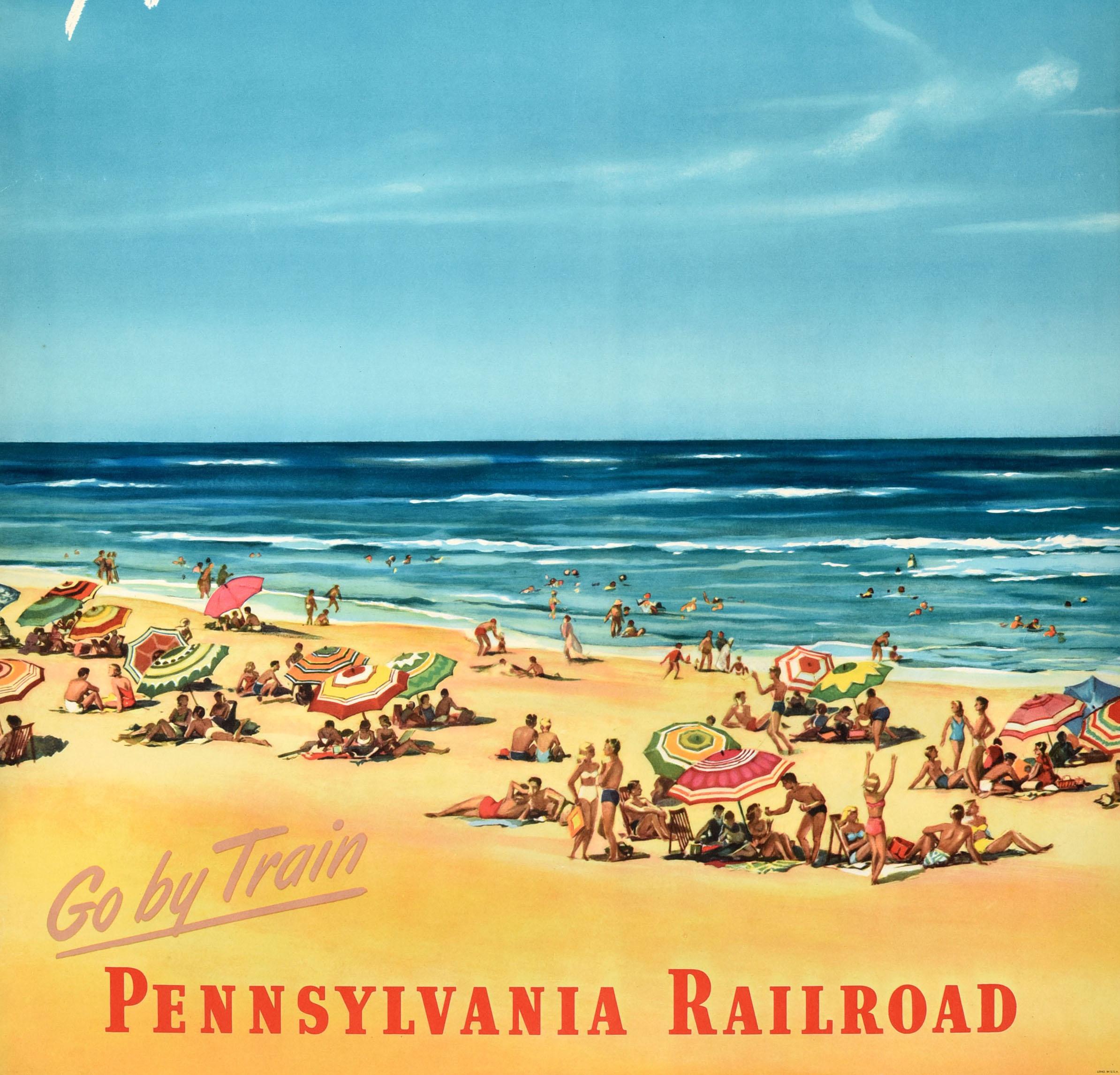 Americano Poster di viaggio originale d'epoca New Jersey Seashore Pennsylvania Railroad Beach in vendita