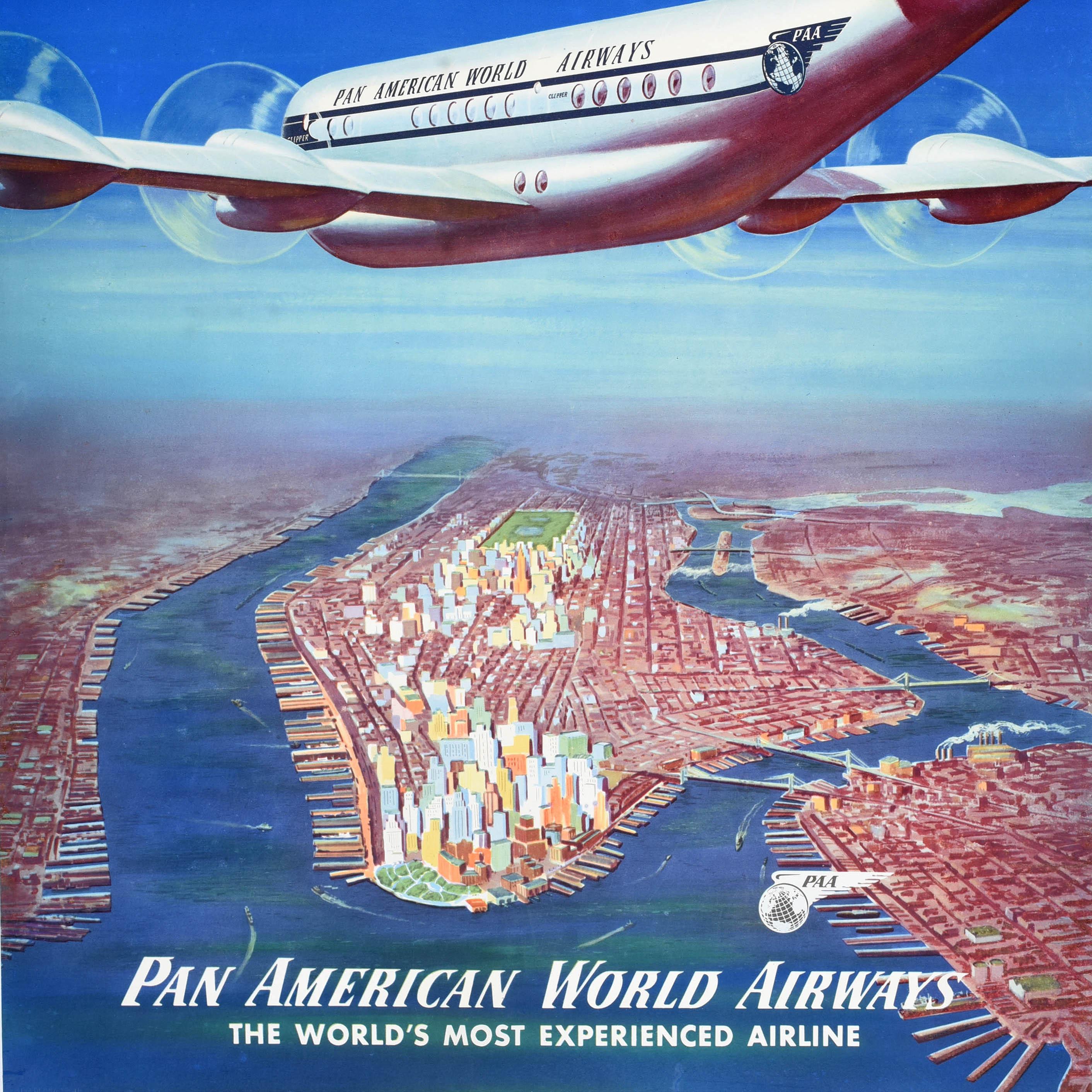 Américain Affiche de voyage originale de New York par Clipper Pan American Manhattan USA en vente