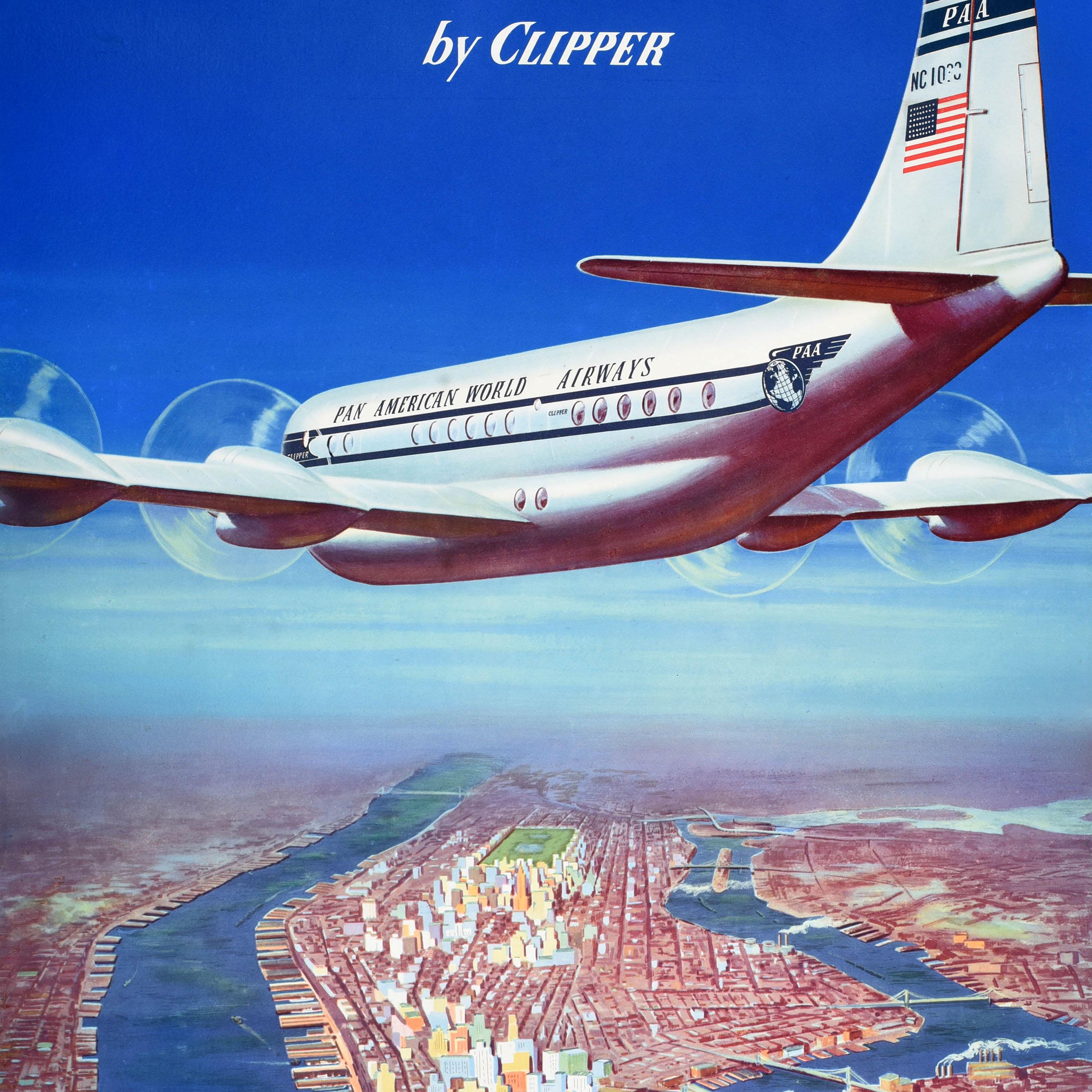 Affiche de voyage originale de New York par Clipper Pan American Manhattan USA Bon état - En vente à London, GB