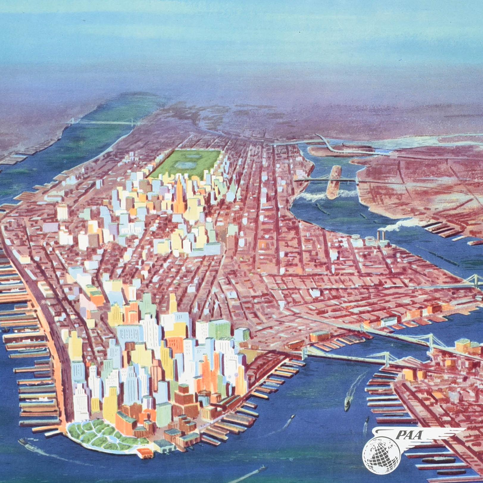 Milieu du XXe siècle Affiche de voyage originale de New York par Clipper Pan American Manhattan USA en vente