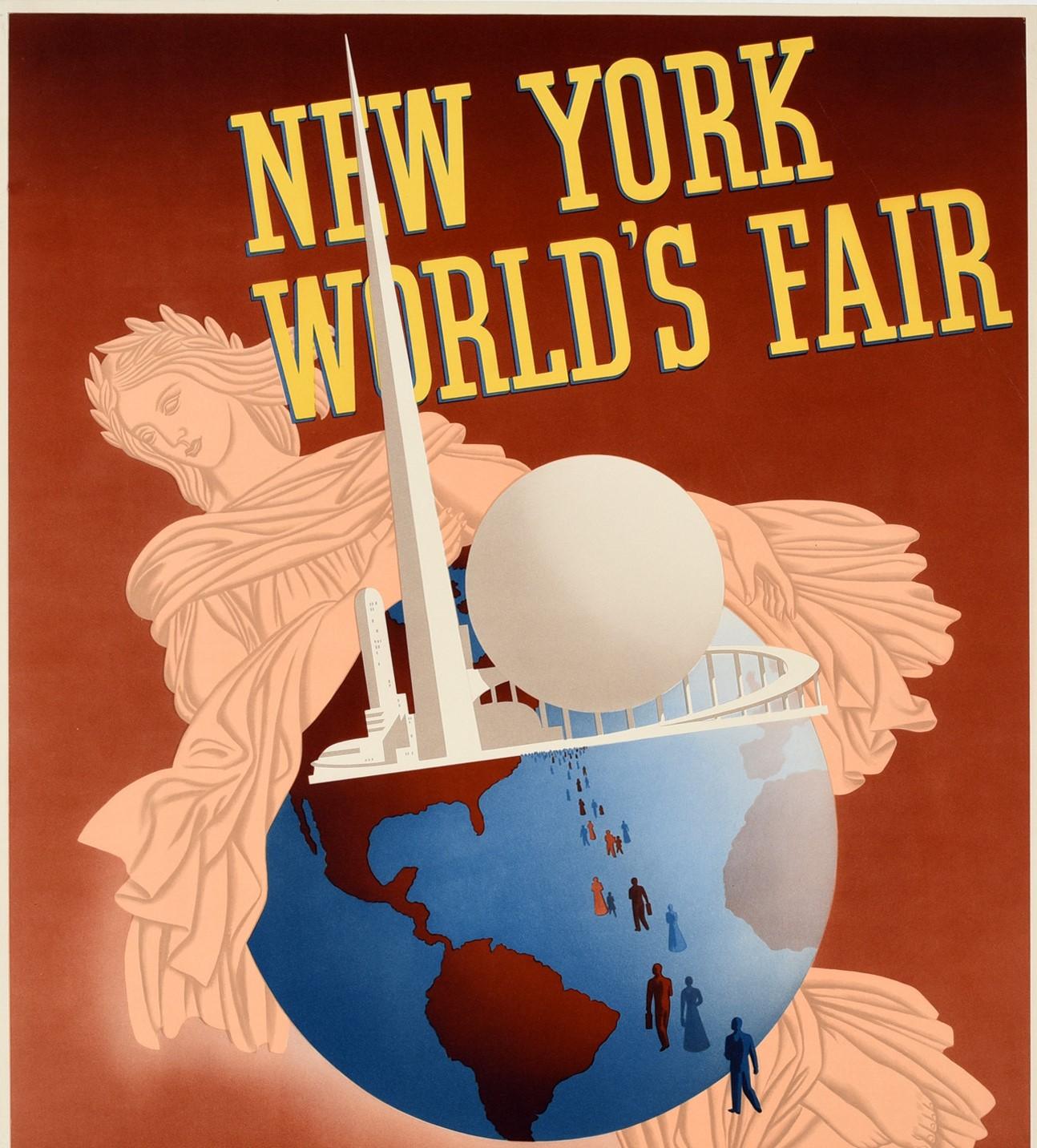 Original vintage travel advertising poster for the World Fair event held in New York at the Flushing Meadows Corona Park from 30 April 1939 to 31 October 1940. Great Art Deco design by John Atherton (1900-1952) featuring people walking towards the