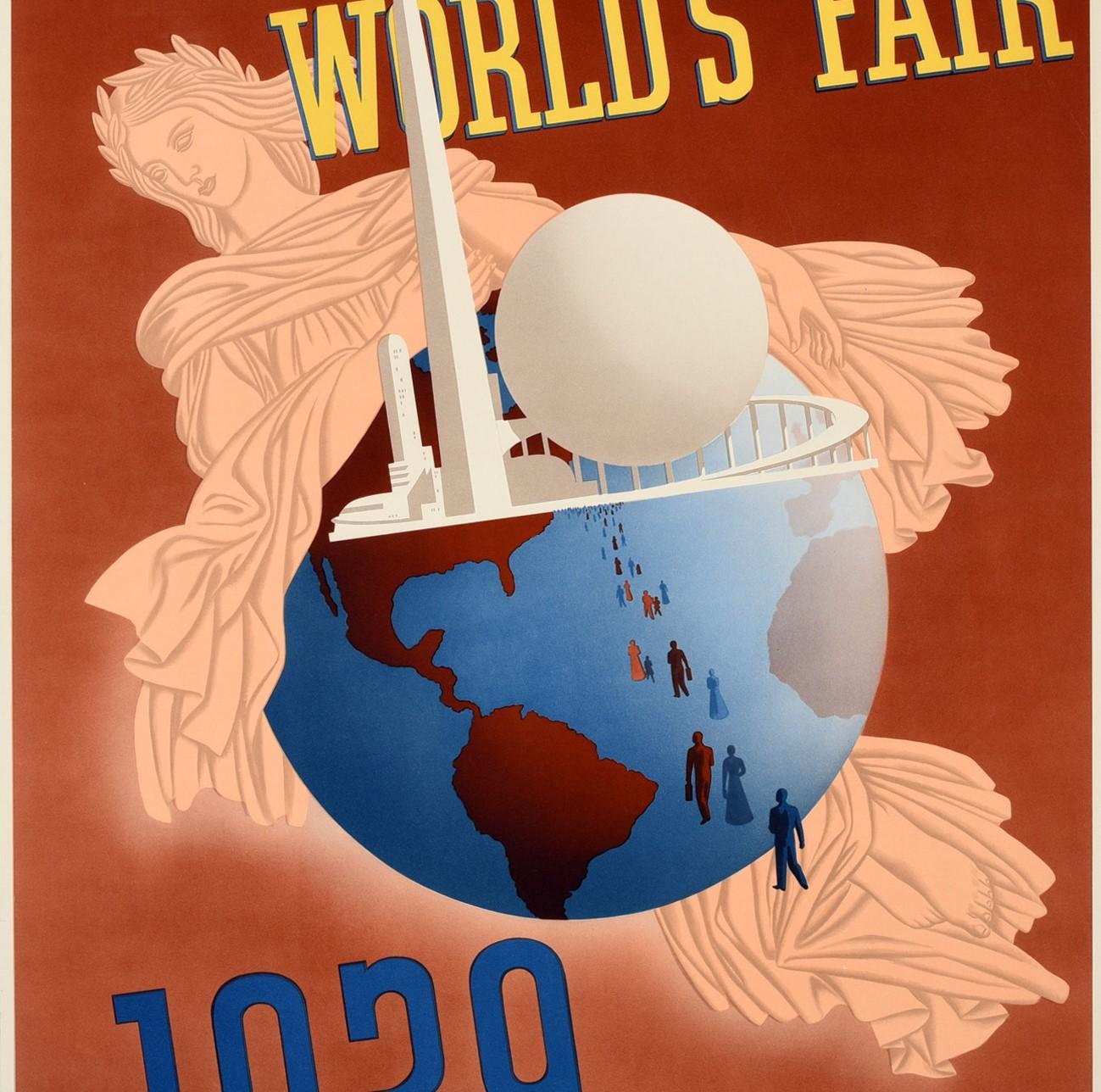 Art déco Affiche de voyage vintage originale de l'Exposition universelle de New York, Trylon, Périsphère Libertas en vente