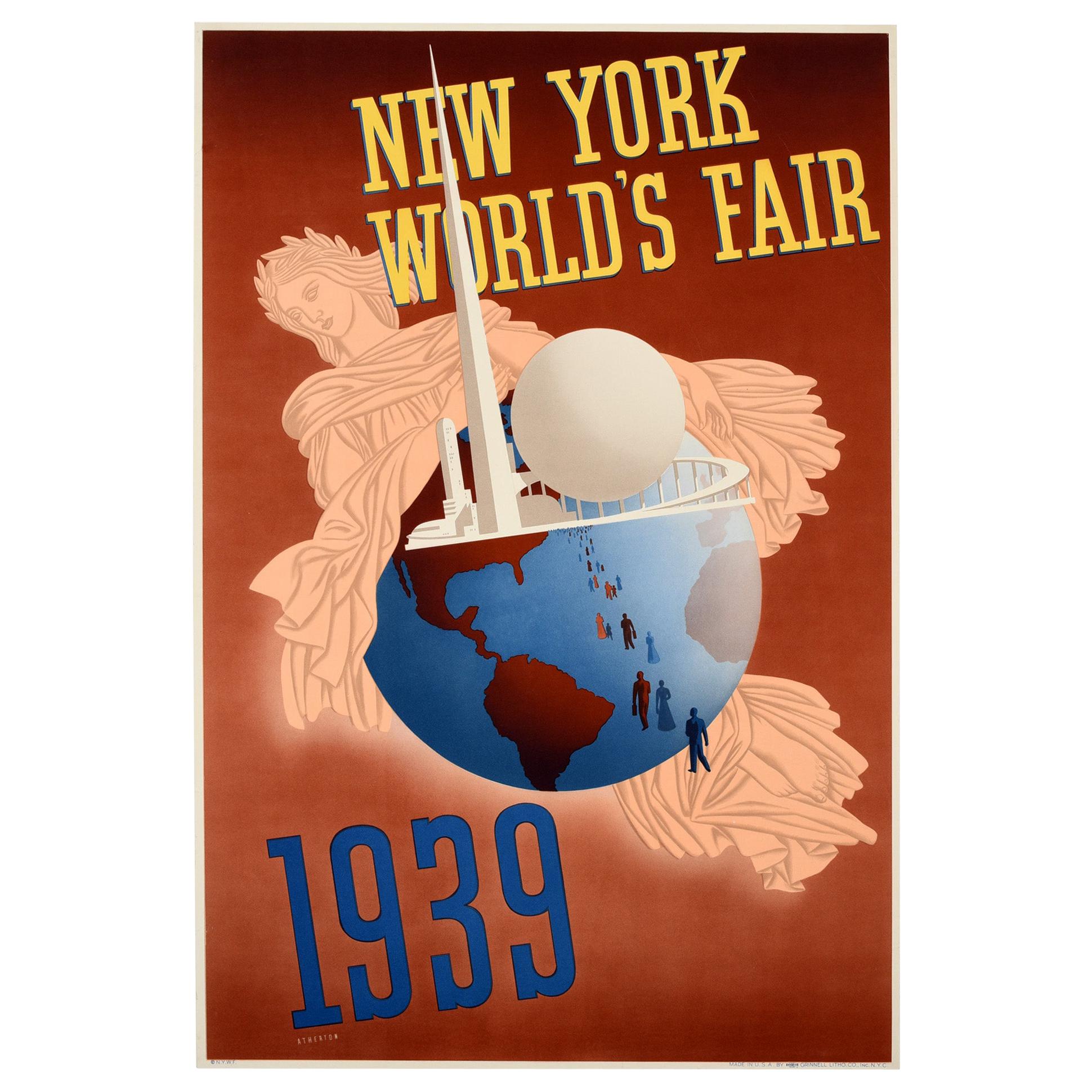 Affiche de voyage vintage originale de l'Exposition universelle de New York, Trylon, Périsphère Libertas en vente