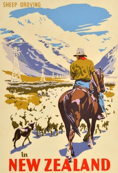 Original Vintage Travel Poster New Zealand Sheep Droving Marcus King Herdsman
