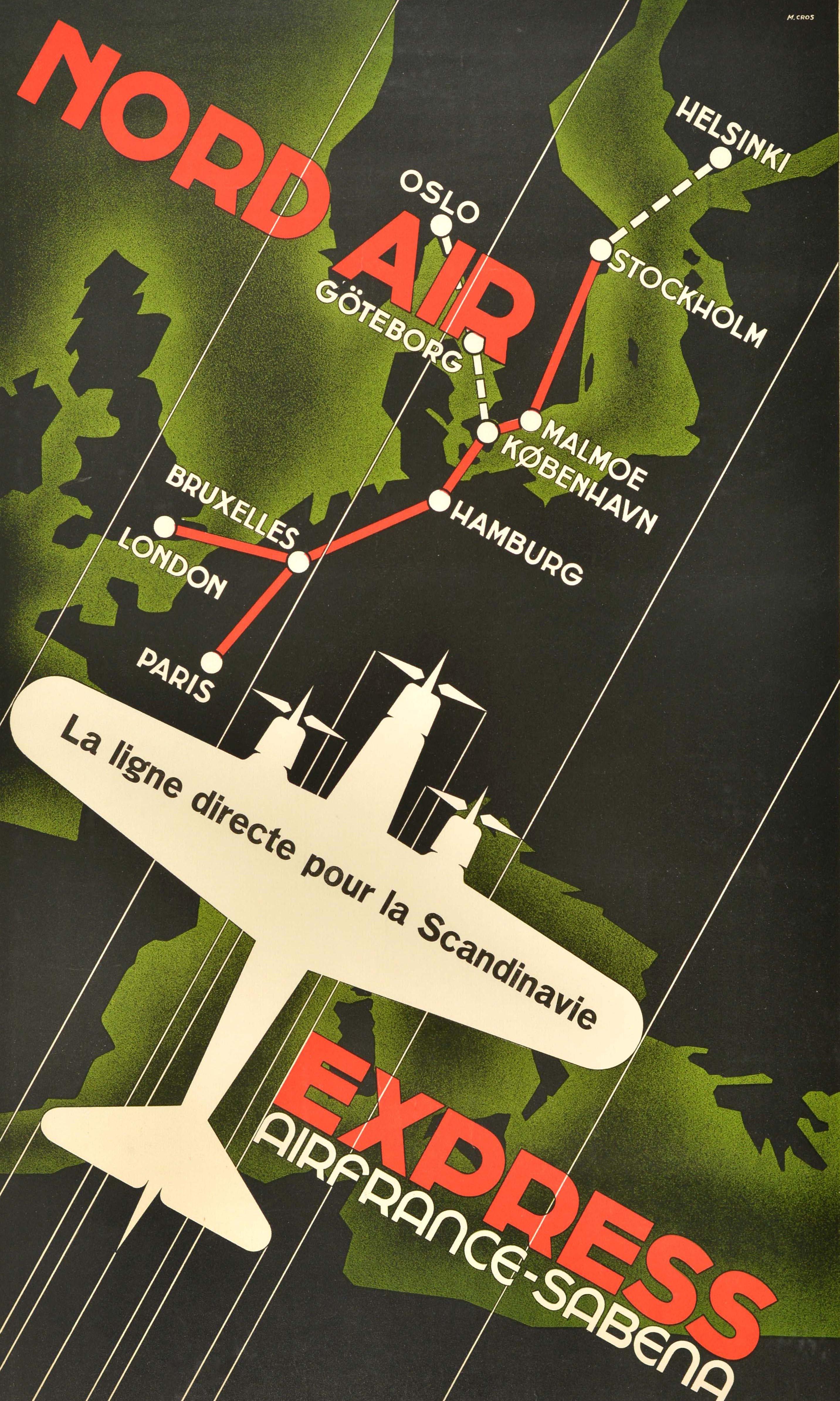 Affiche publicitaire originale de voyage pour Nord Air Express Air France Sabena, représentant un avion à hélice tri-moteur volant à grande vitesse au-dessus d'une carte de l'Europe indiquant en rouge l'itinéraire reliant Paris Londres Bruxelles