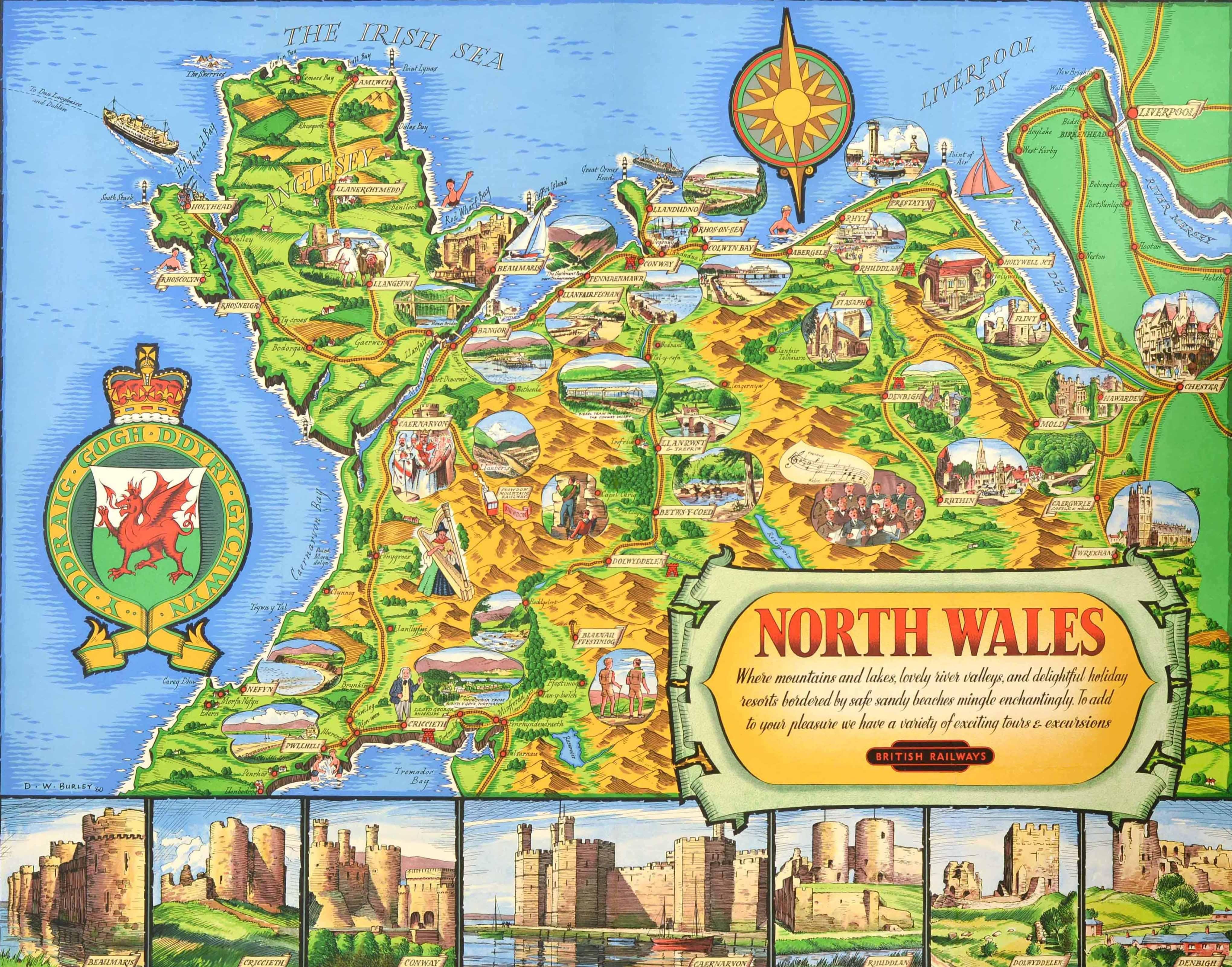 Affiche originale de carte de voyage vintage des chemins de fer britanniques - Pays de Galles du Nord où se mêlent avec enchantement montagnes et lacs, jolies vallées fluviales et stations de vacances ravissantes bordées de plages de sable sûres.