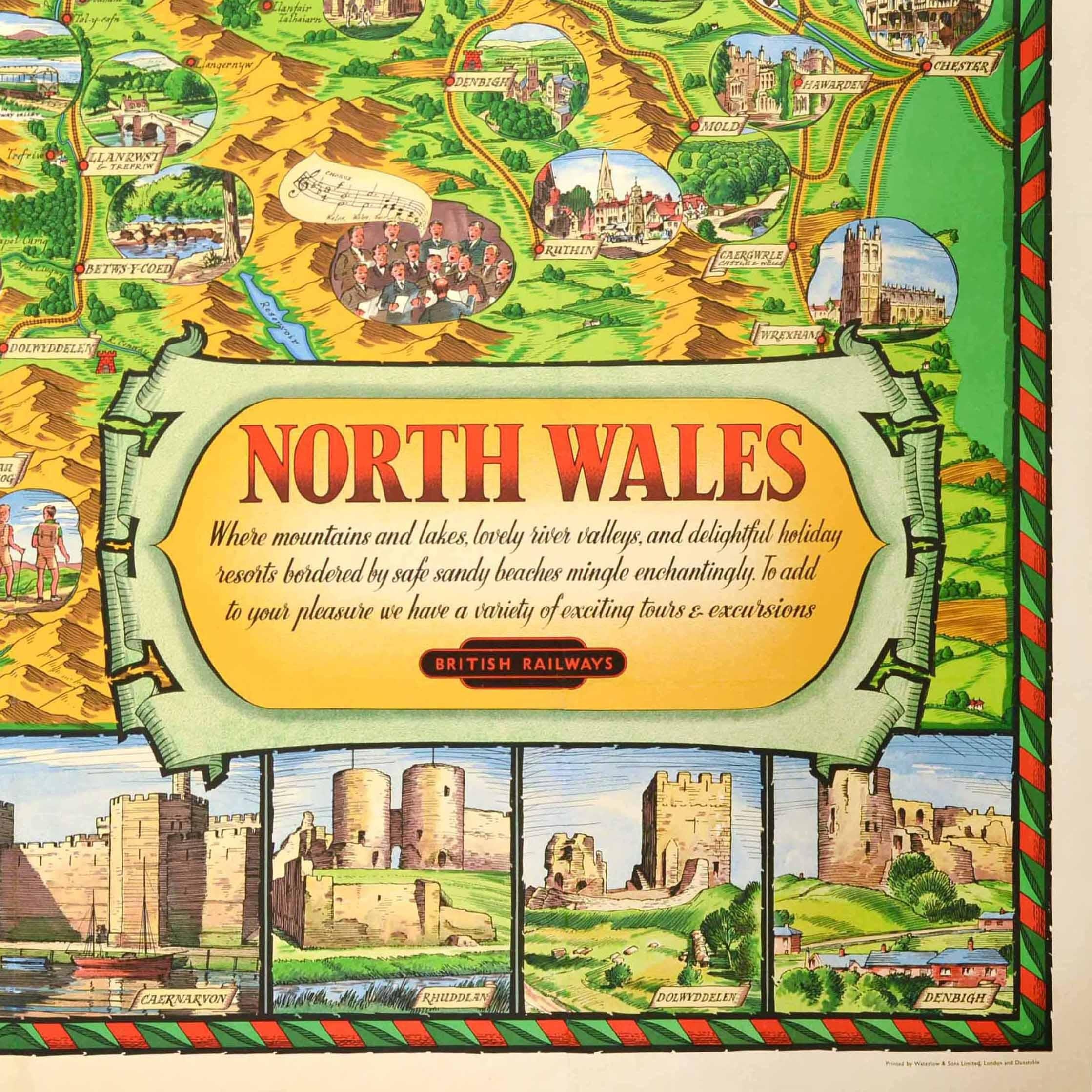 Mid-20th Century Original Vintage Travel Poster North Wales Map British Railways DW Burley For Sale