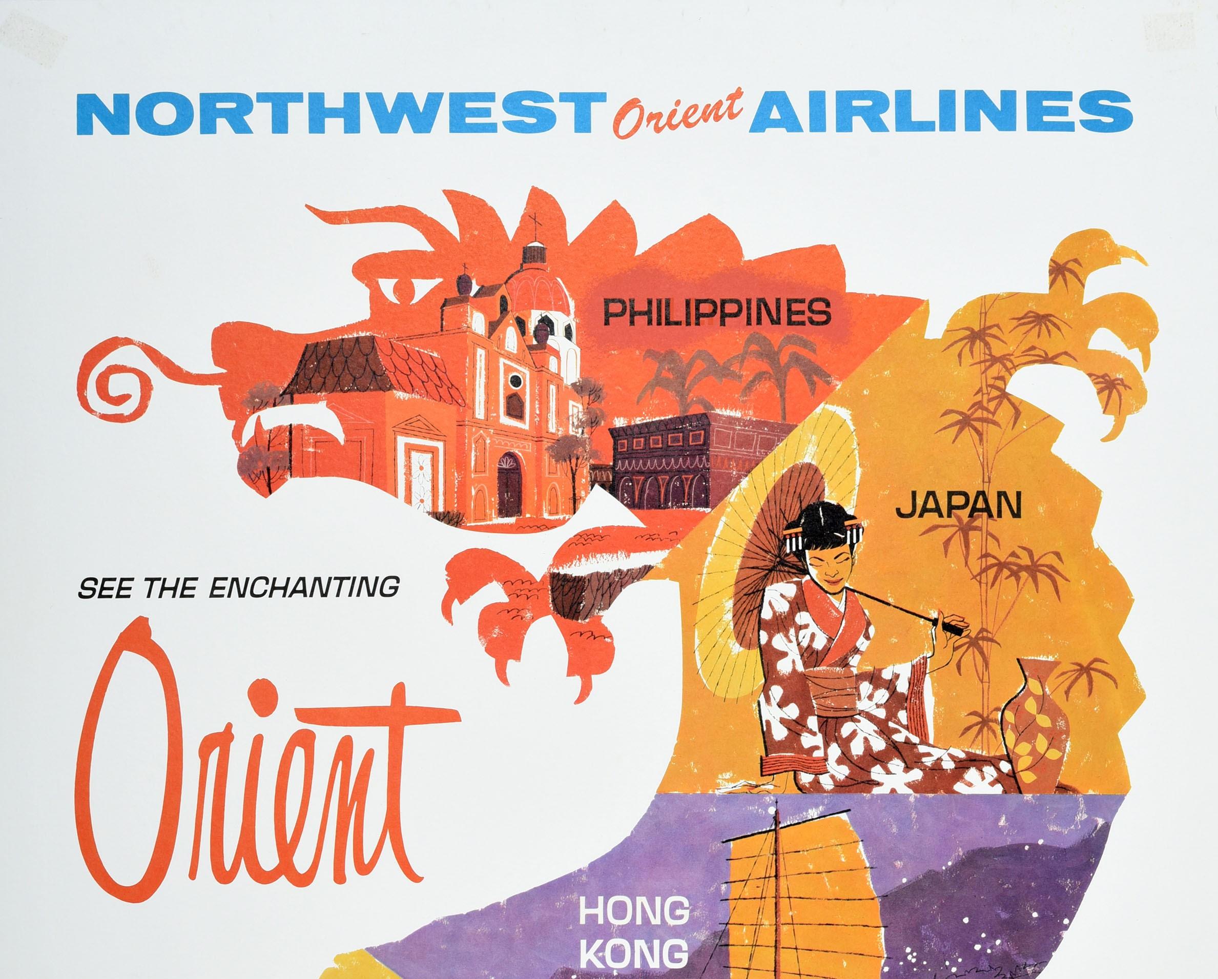 Affiche publicitaire originale pour Northwest Orient Airlines See The Enchanting Orient Philippines Japan Hong Kong Korea Taiwan DC8C-Jet Service Shortest, Fastest, Finest Way To The Orient. Motif coloré représentant cinq images des différents pays