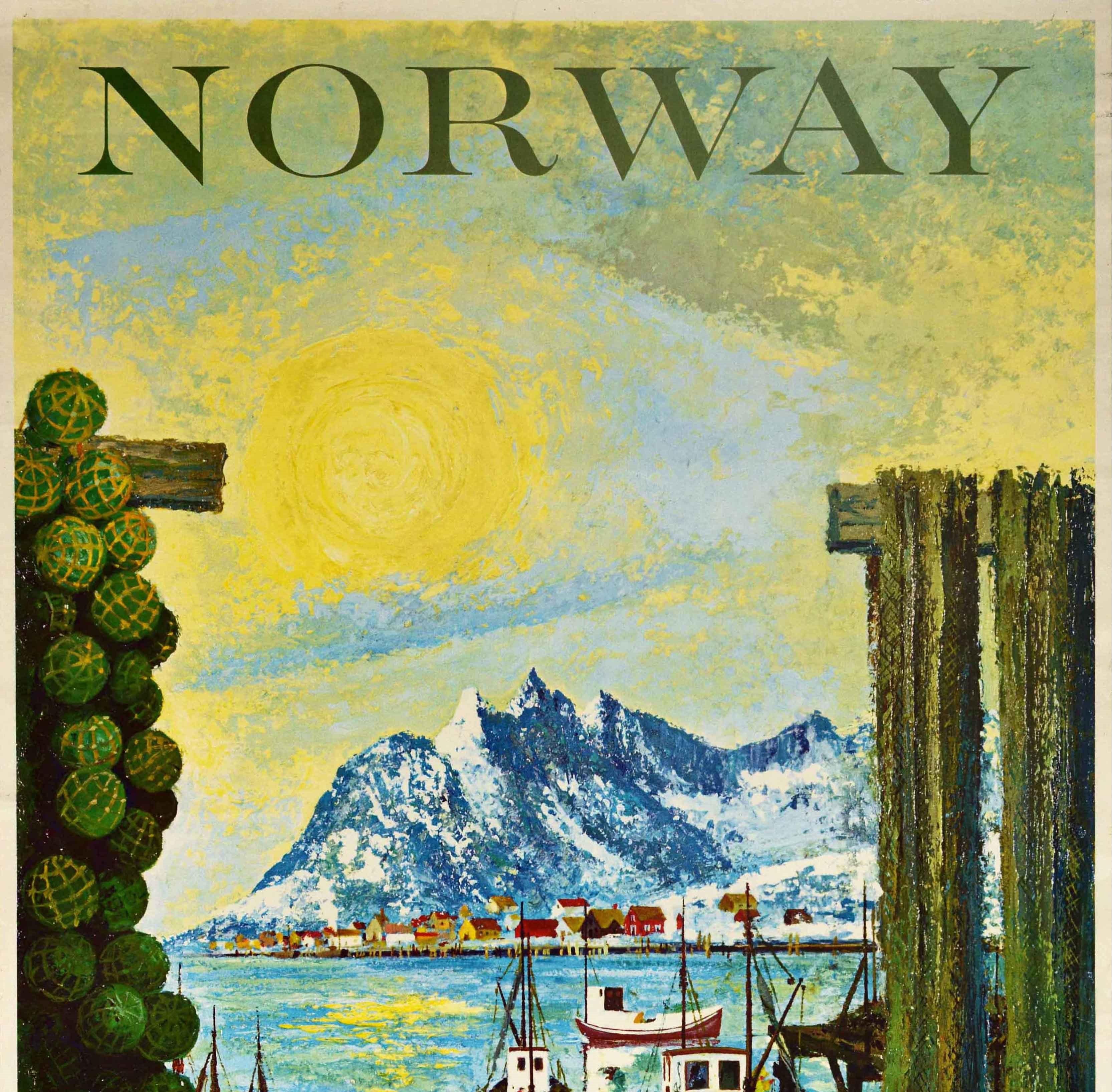 Original vintage travel poster promoting Norway as a tourist destination featuring a great illustration of boats on a shore and fishing ships on the water by a pier, a little fishing village in the snow in the distance, sharp mountain peaks of the