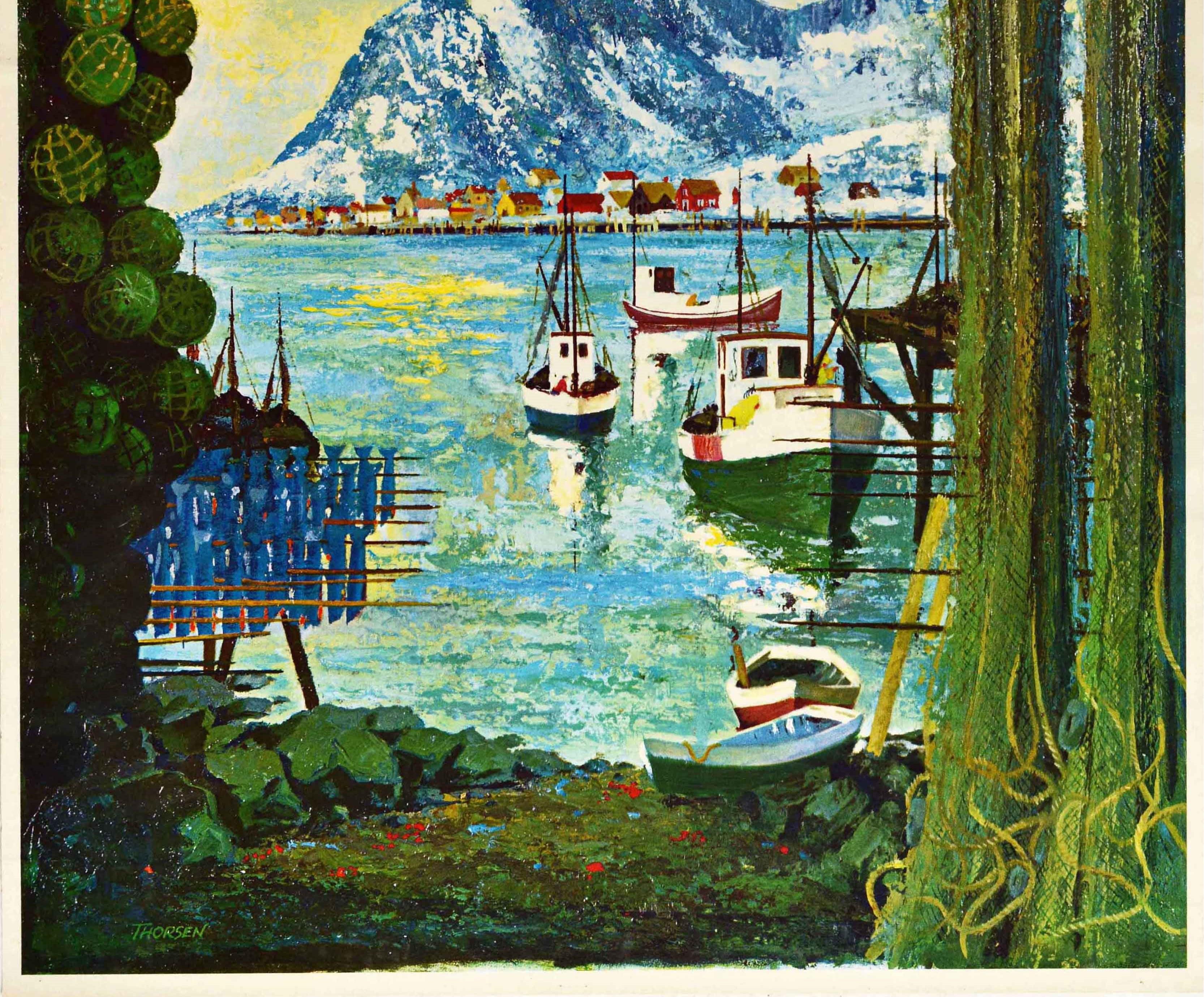 Norwegian Original Vintage Travel Poster Norway Fjord Fishing Boats Mountains Scenic View