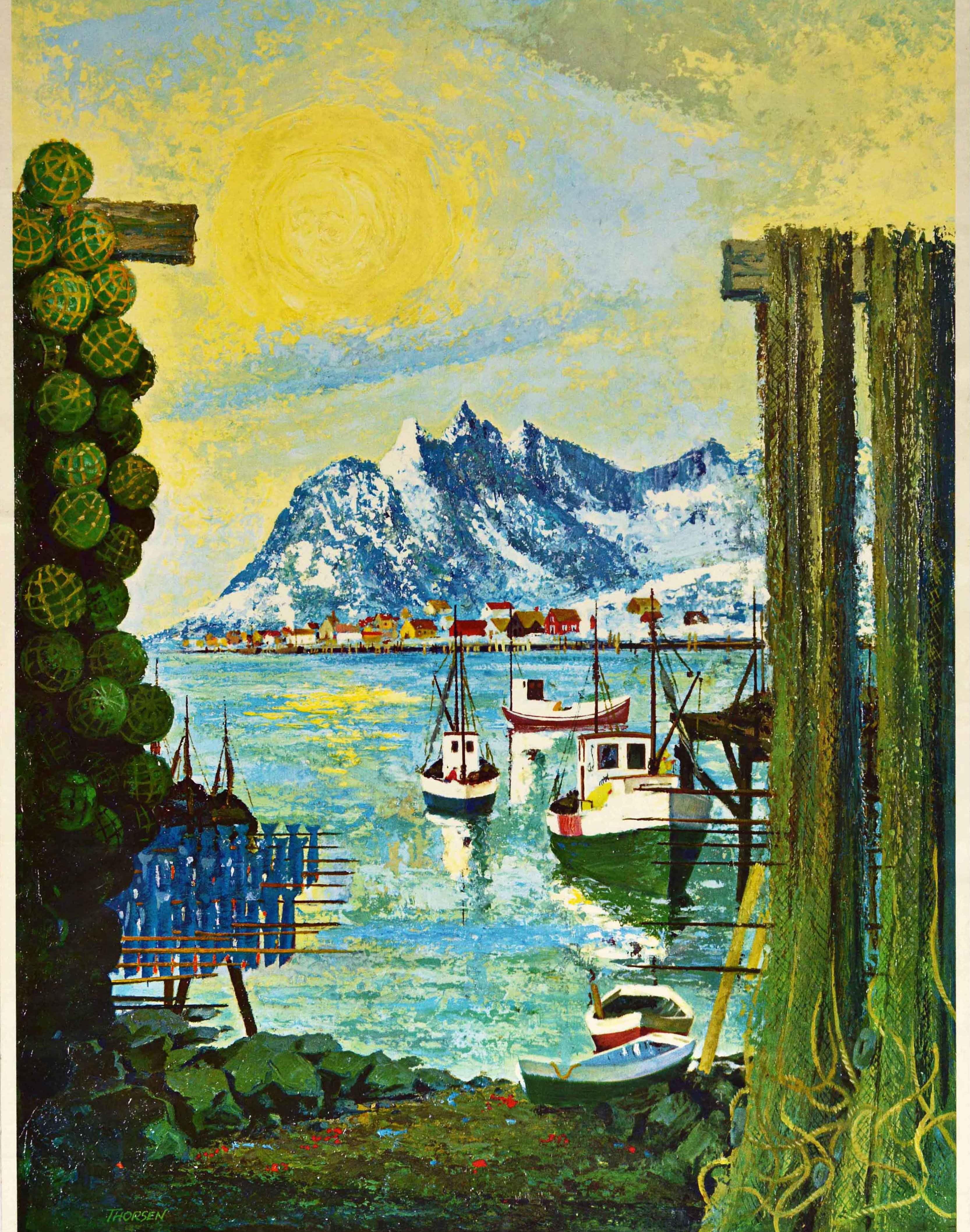 Original Vintage Travel Poster Norway Fjord Fishing Boats Mountains Scenic View In Good Condition In London, GB