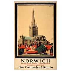 Original Vintage Cartel de Viaje Catedral de Norwich Inglaterra LNER Escocia Newbould