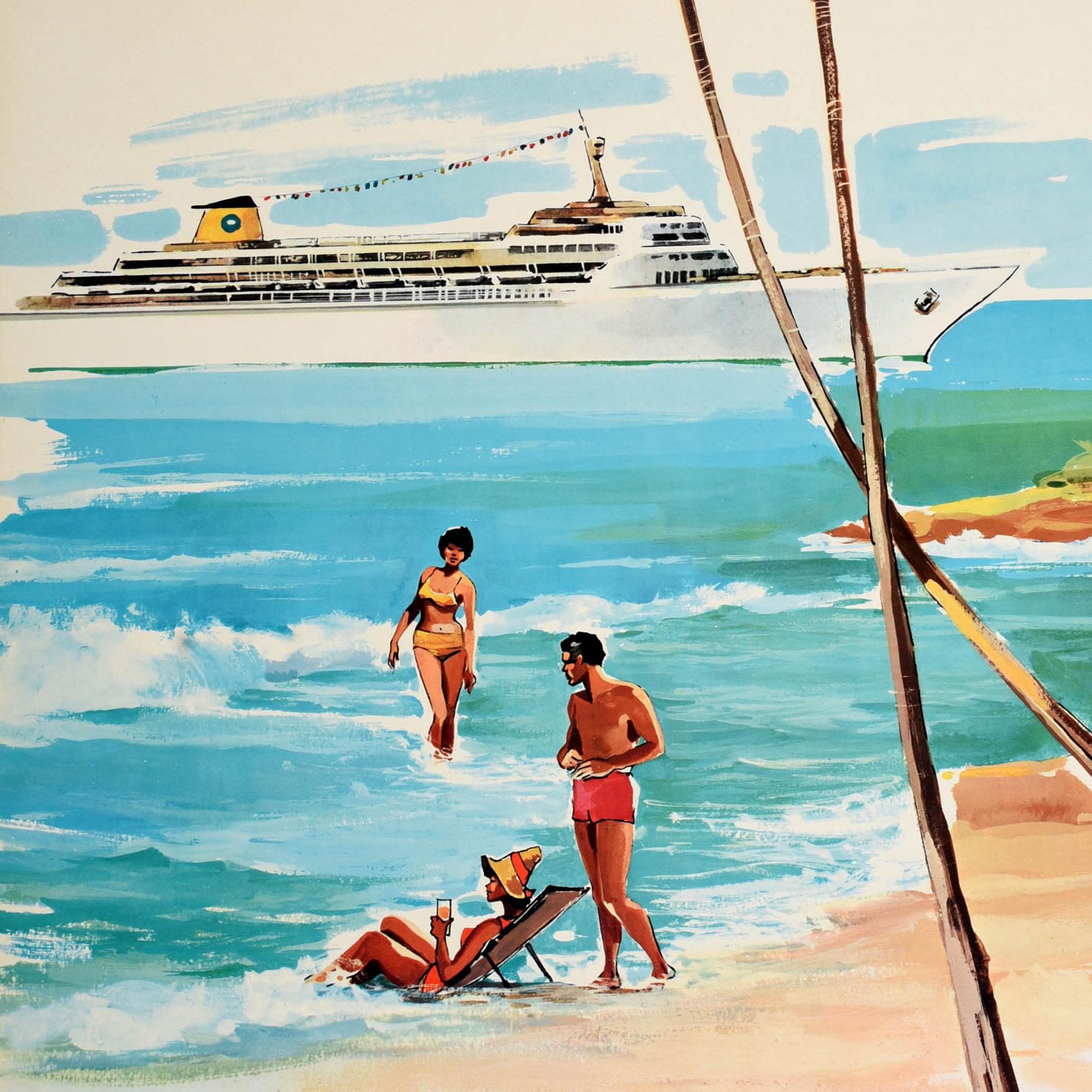 Original vintage travel poster - Home Lines Cruise with S.S. Oceanic to the Bahamas Bermuda and the Caribbean - featuring a great image depicting passengers from a cruise holiday relaxing on a sandy beach below palm trees with a lady in a sun hat
