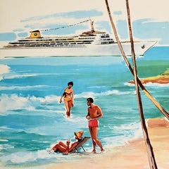 Original Vintage Travel Poster Oceanic Cruise Bermuda Bahamas Caribbean Beach