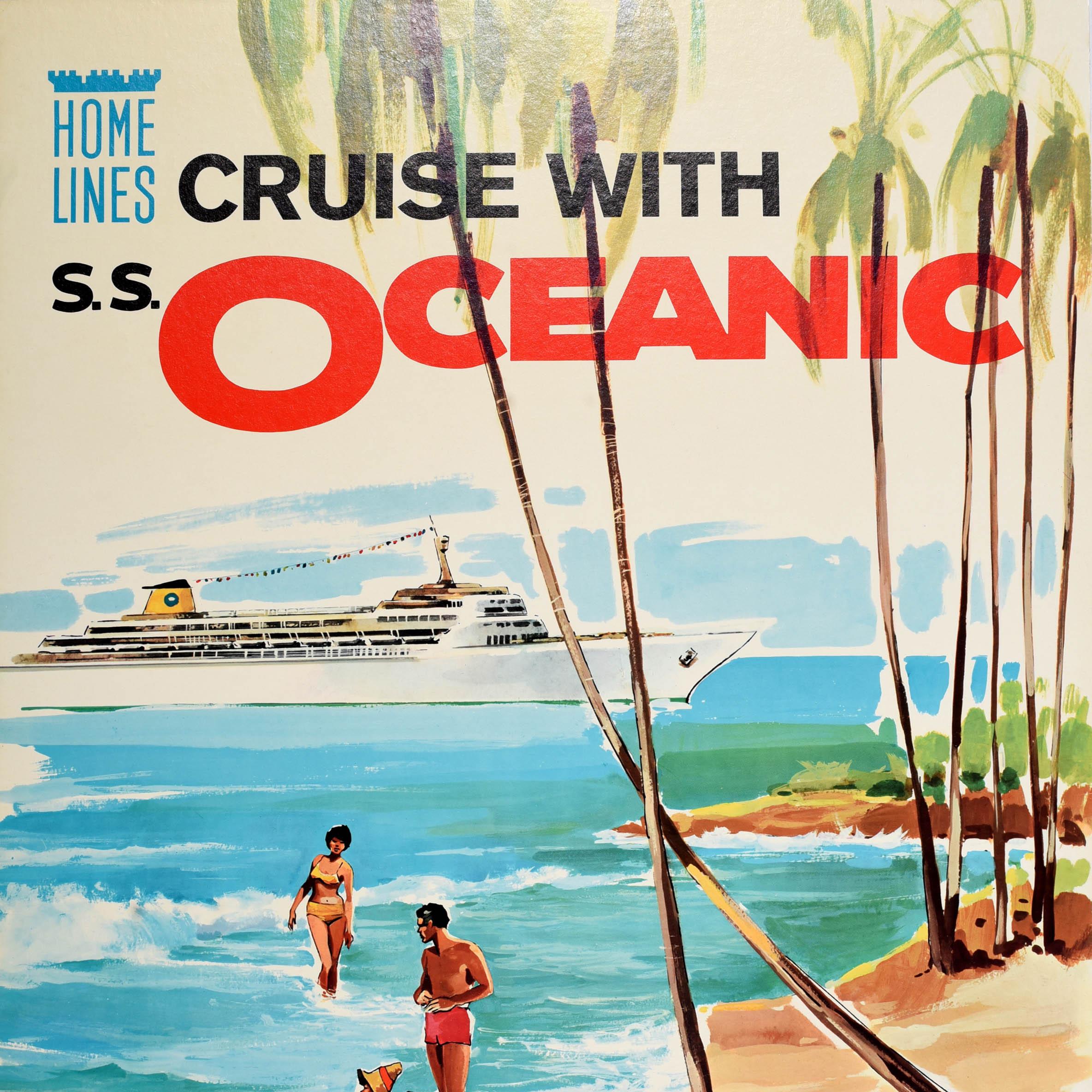 Italian Original Vintage Travel Poster Oceanic Cruise Bermuda Bahamas Caribbean Beach For Sale