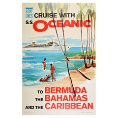 Original Vintage Cartel de Viaje Crucero Oceánico Bermudas Bahamas Caribe Playa