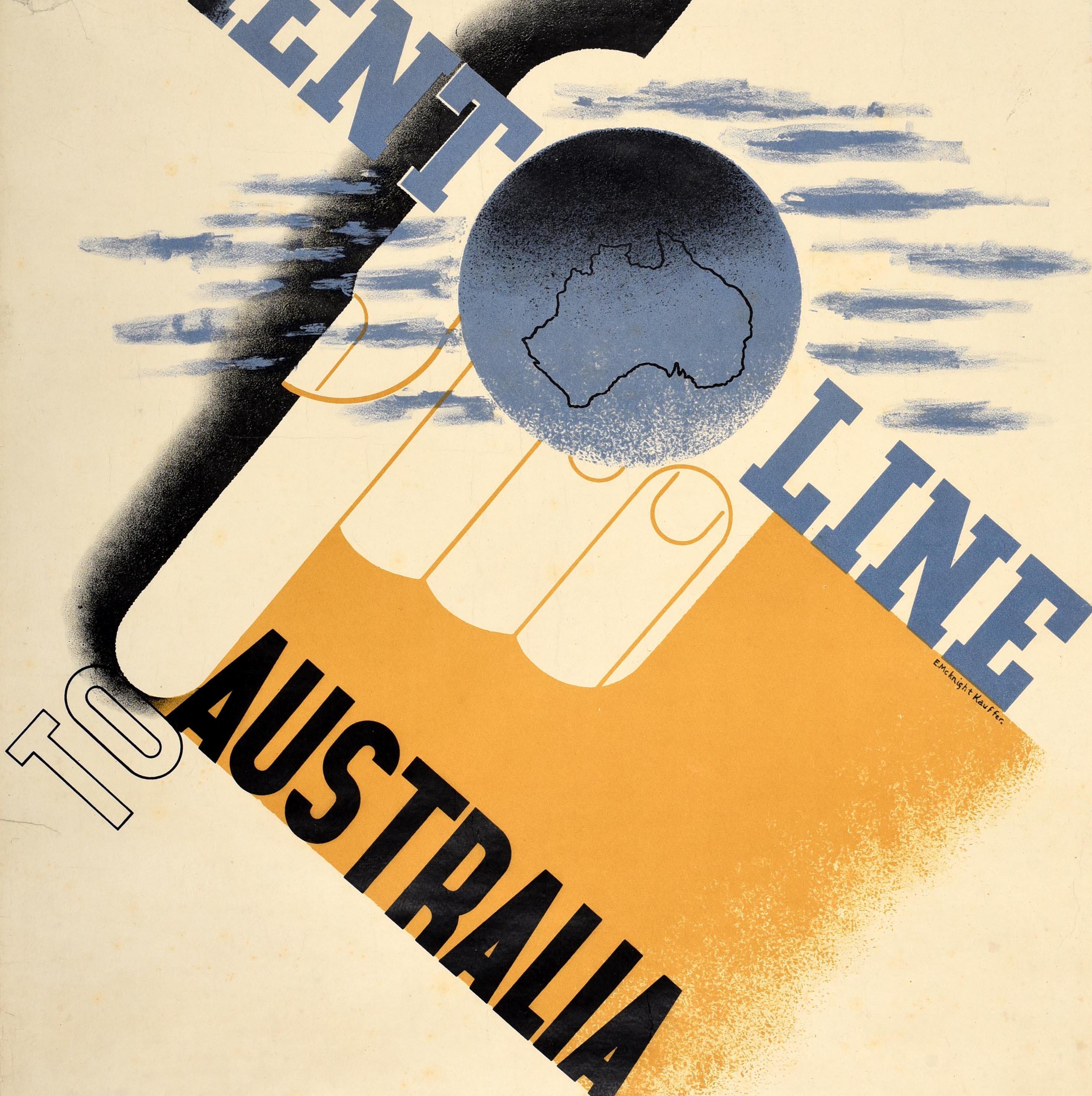 Original vintage travel poster - Orient Line to Australia - featuring a great design by one of the most renowned poster artists of the 20th century Edward McKnight Kauffer (1890-1954) depicting the title text running diagonally by a hand holding an