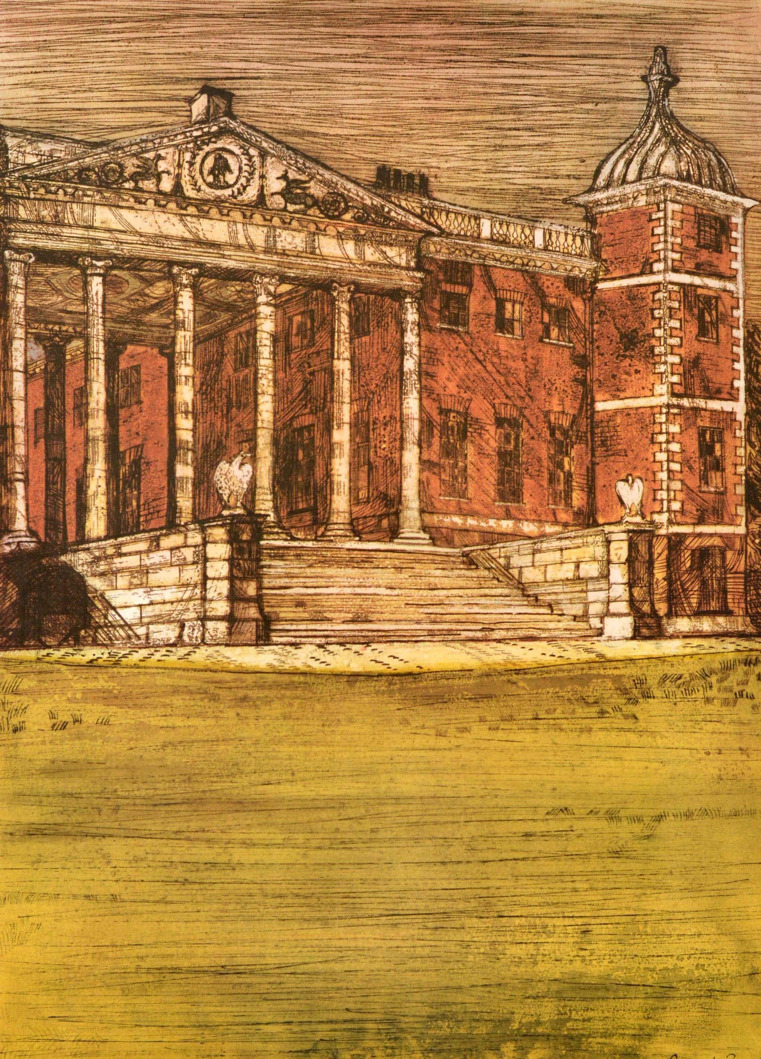 Poster vintage originale dei trasporti londinesi per Osterley Park del pittore e stampatore Richard Beer (1928-2017) che raffigura la storica dimora di campagna georgiana (costruita nel 1570; ristrutturata nel 1760), ora casa museo storica, con le