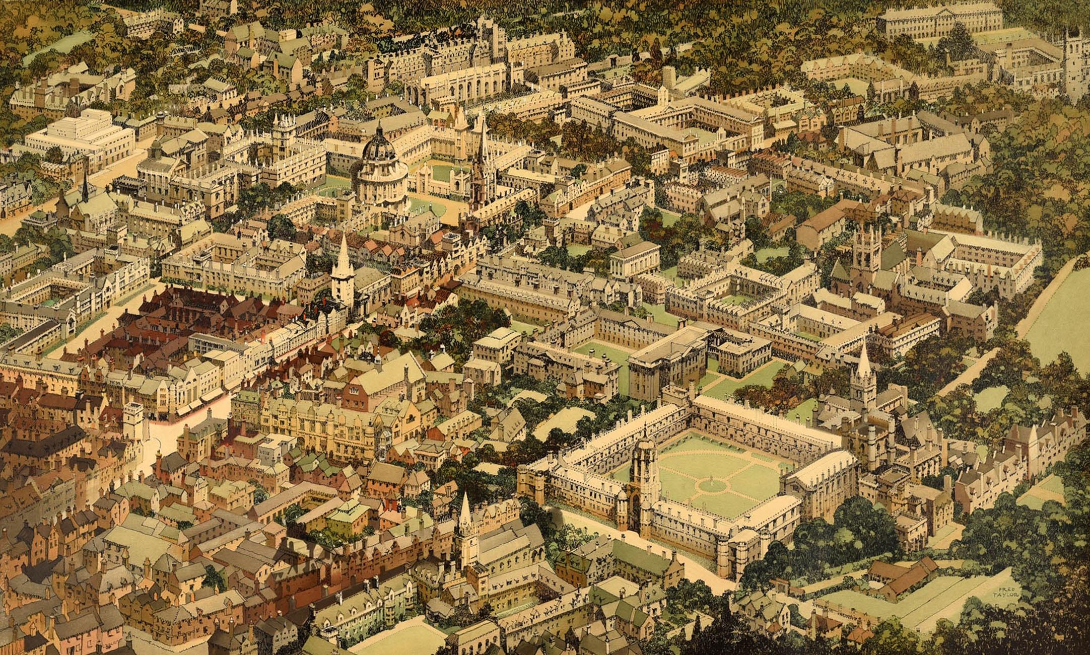 Original vintage railway poster published by British Railways - Oxford Travel by Train - featuring artwork by Fred Taylor (1875-1963) depicting an aerial map view of the city of Oxford including parks, the historic University of Oxford (founded