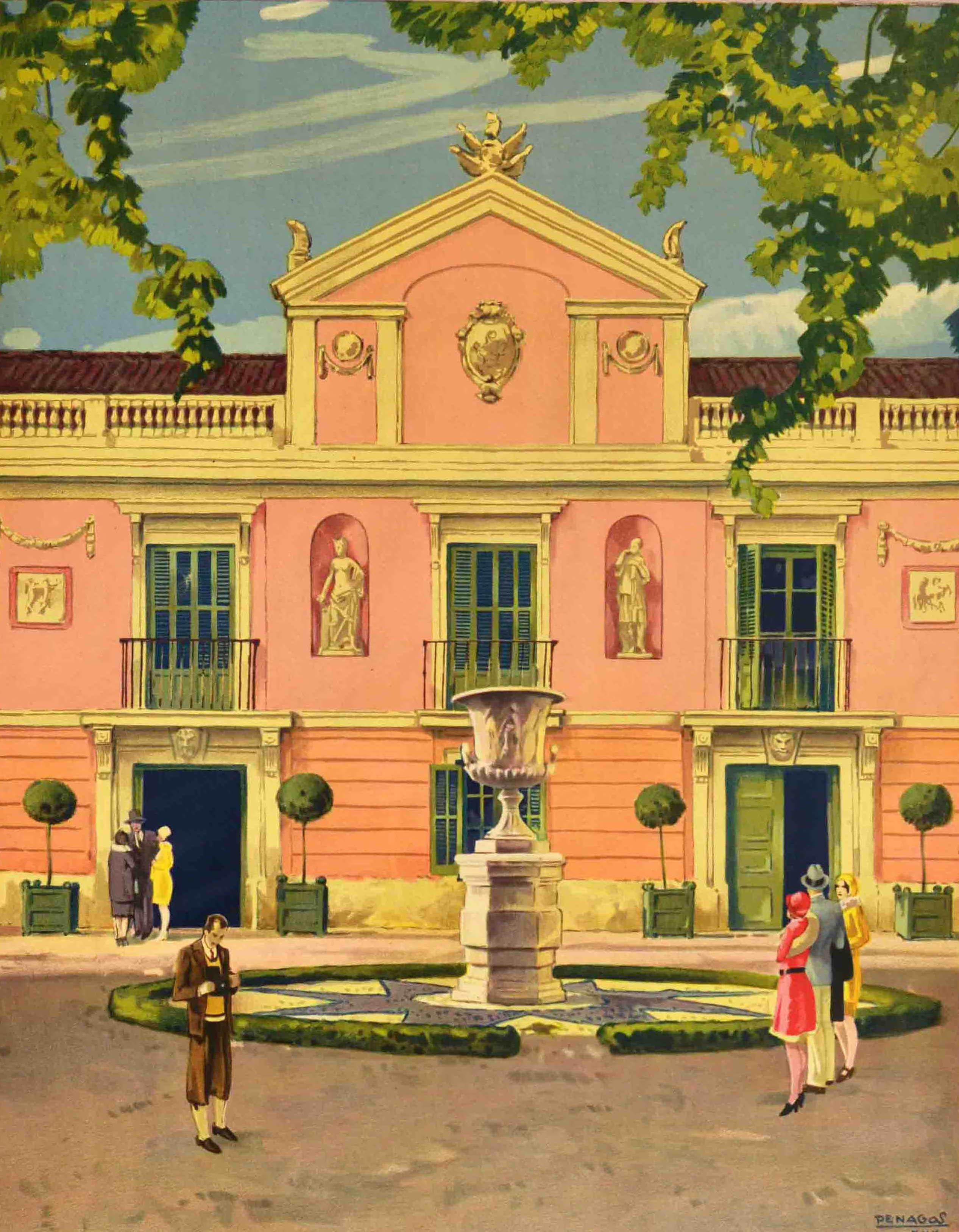 Poster di viaggio originale d'epoca emesso dall'ente turistico nazionale spagnolo Patronato Nacional del Turismo PNT in seguito al restauro del Palazzo della Moncloa nel 1929 e alla sua riapertura come museo - Palacete de la Moncloa museo de la
