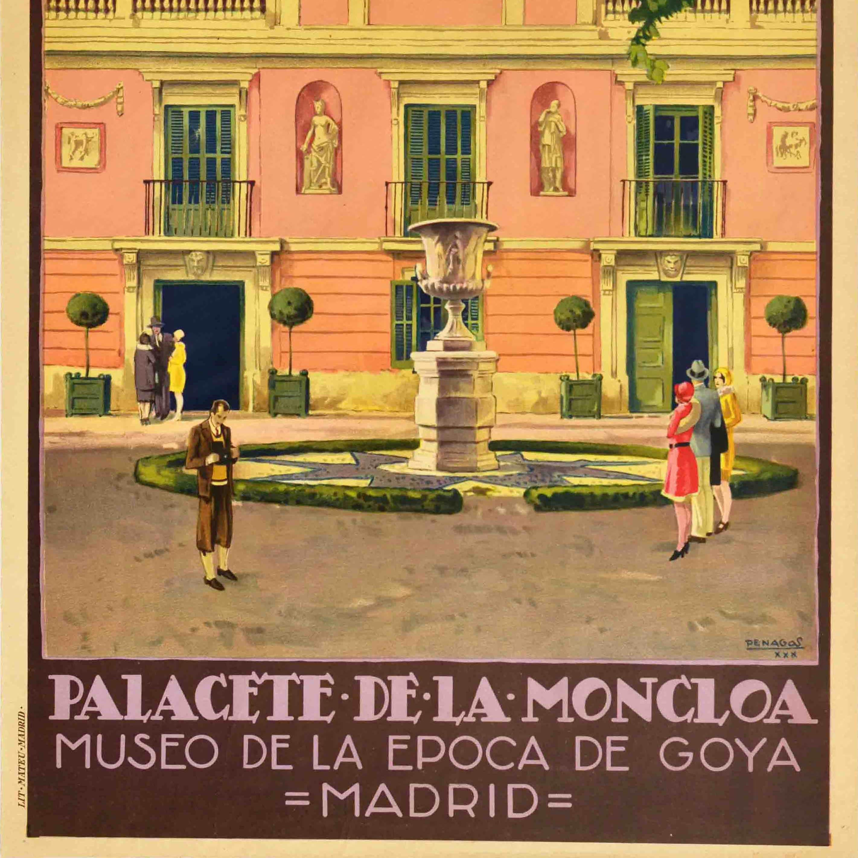 Spagnolo Poster di viaggio originale d'epoca Palacete De La Moncloa Palace PNT Madrid Spagna in vendita