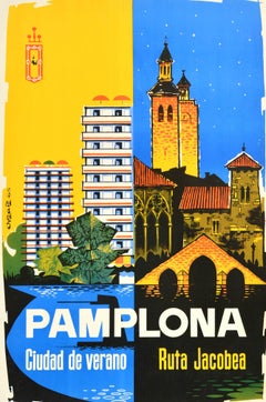 Original Vintage Travel Poster Pamplona Summer City Jacobean Route Spain Espana