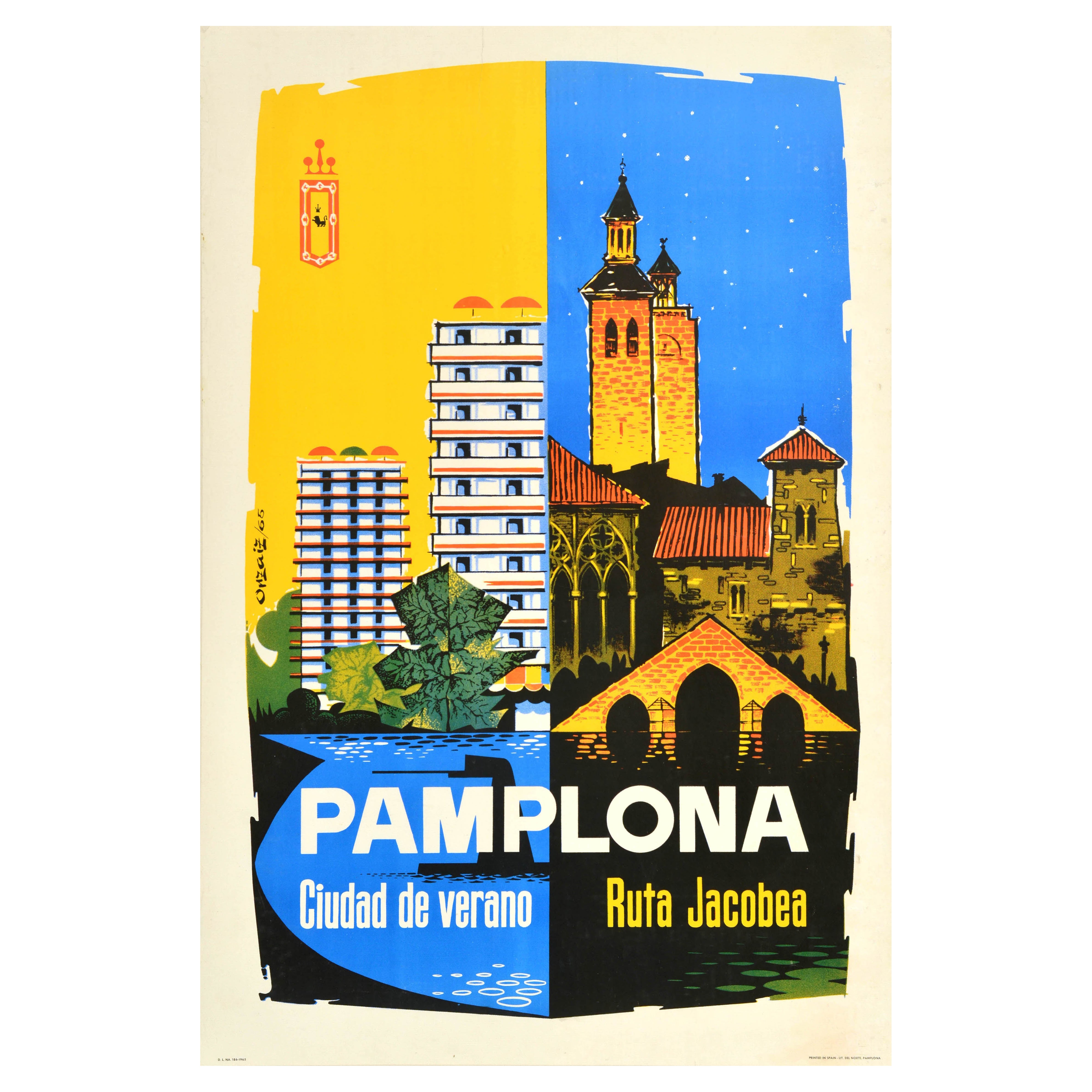 Poster di viaggio originale d
epoca Pamplona Città estiva Itinerario giacobino Spagna Espana in vendita