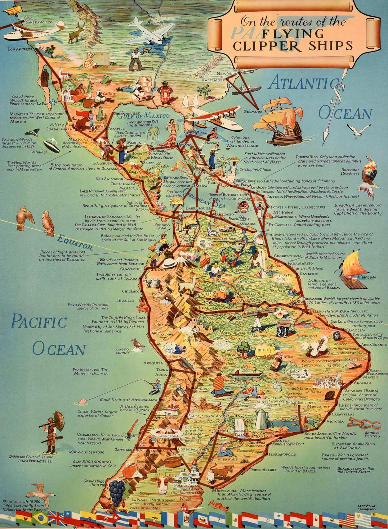 Original vintage Pan Am travel advertising map poster - On the routes of the Flying Clipper Ships - featuring a pictorial map by Kenneth W. Thompson (1907-1996) of Latin America with images of points of interest, cities, animals and people including
