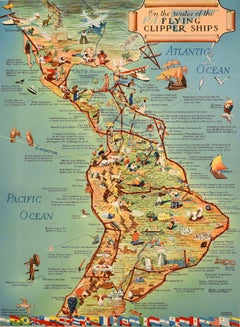 Original Vintage Travel Poster Pan Am Flying Clipper Ships South America Map