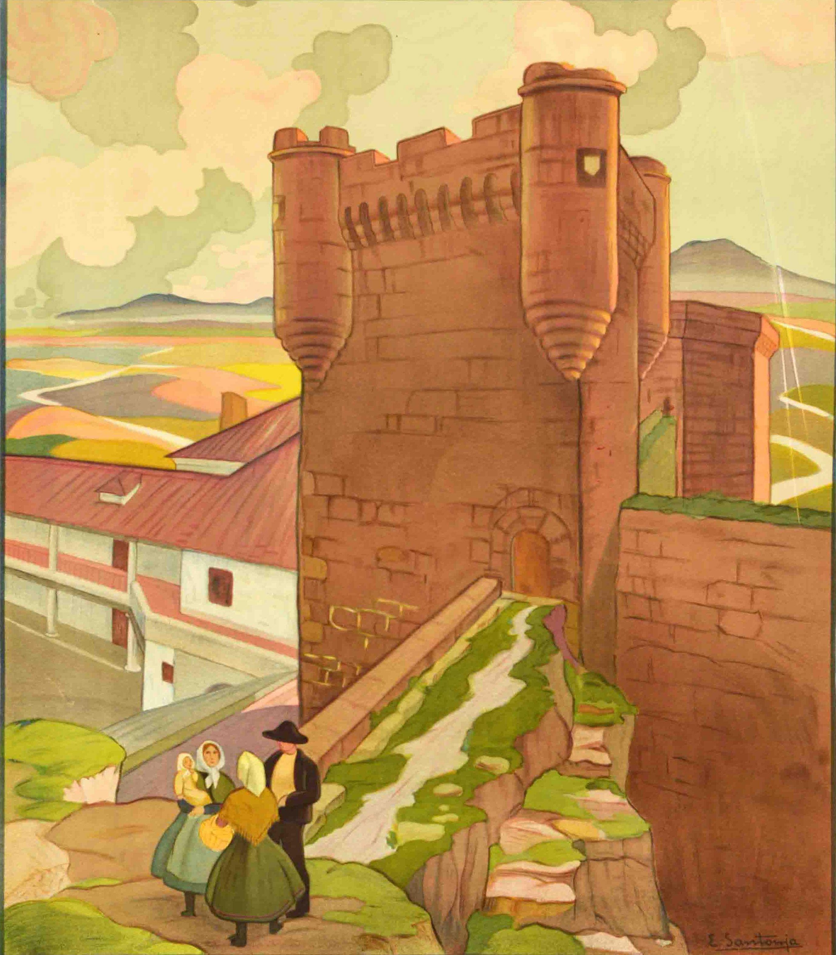 Original vintage travel poster issued by the Spanish national tourist board Patronato Nacional del Turismo PNT for the historic stone castle of Oropesa in Toledo Spain featuring scenic artwork depicting a group of people in traditional dress talking