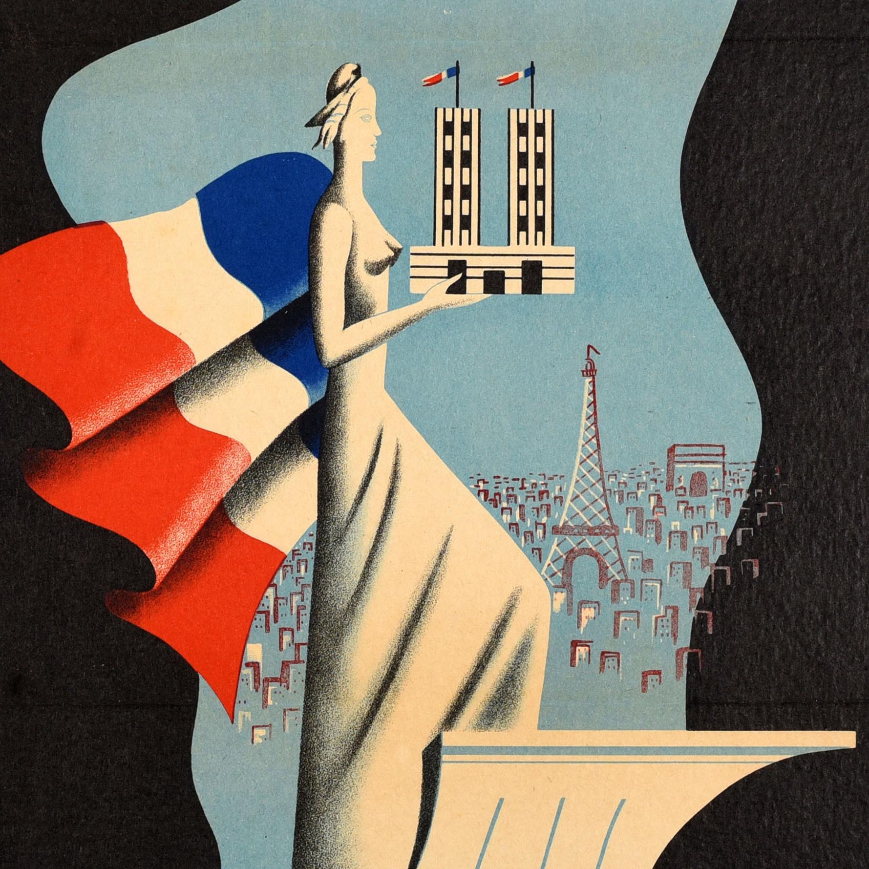 Original Vintage-Reise-Werbeplakat für die Weltausstellung in Paris Mai-November 1937 bezaubernde Kunst und Licht - Paris 1937 Exposition Internationale Feerie d'art et de lumiere - mit einem großartigen Bild einer eleganten Dame, die einen von