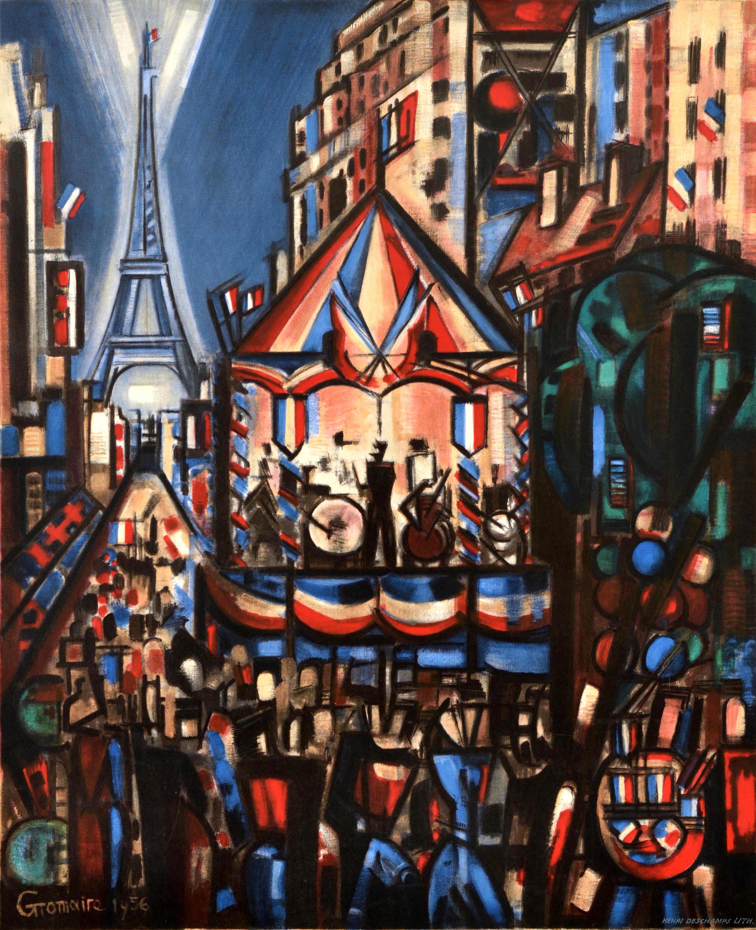 Original Vintage Travel Poster Paris Bastille Day Marcel Gromaire Eiffelturm (Mitte des 20. Jahrhunderts) im Angebot
