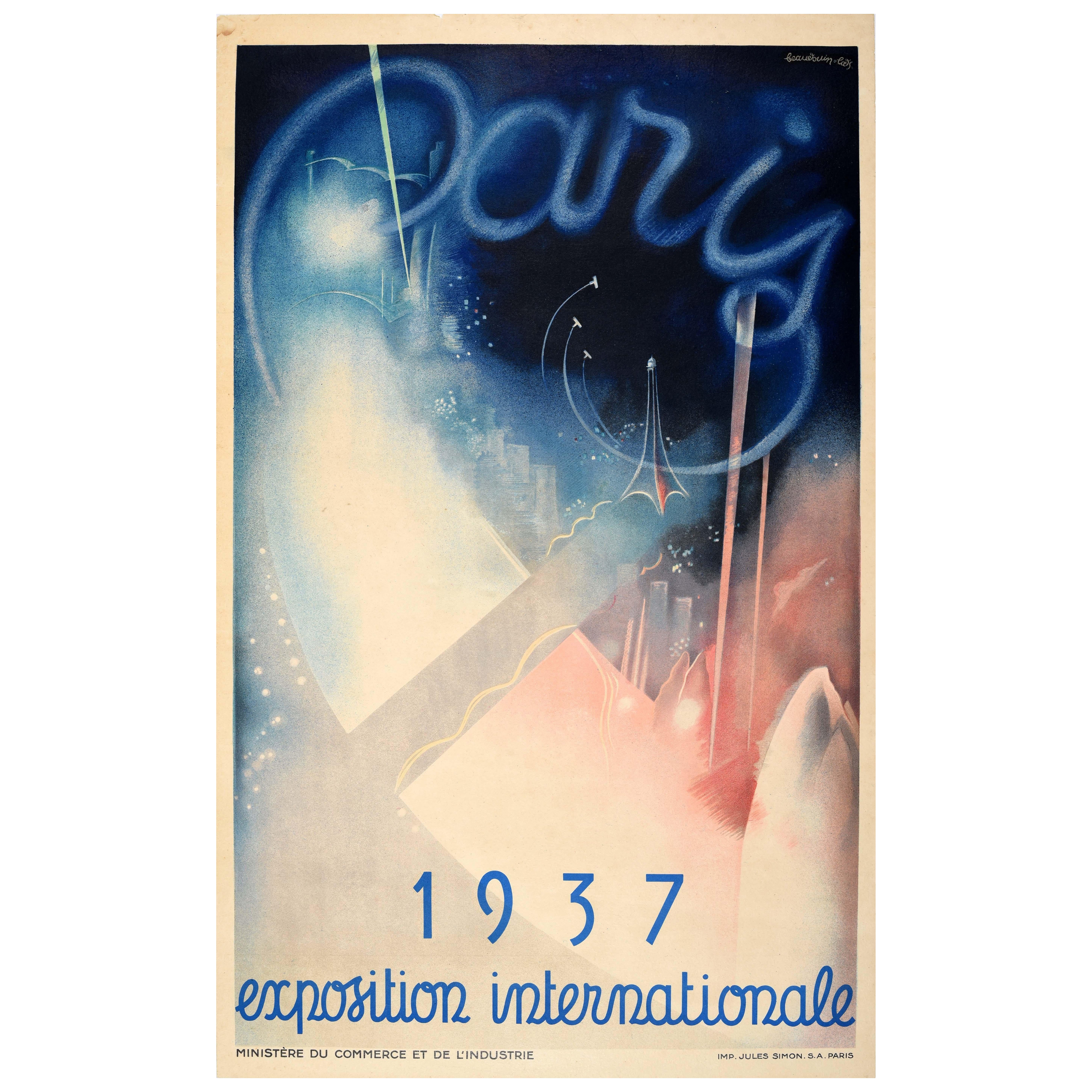 Poster di viaggio originale d'epoca Paris Exposition Internationale World Fair 1937