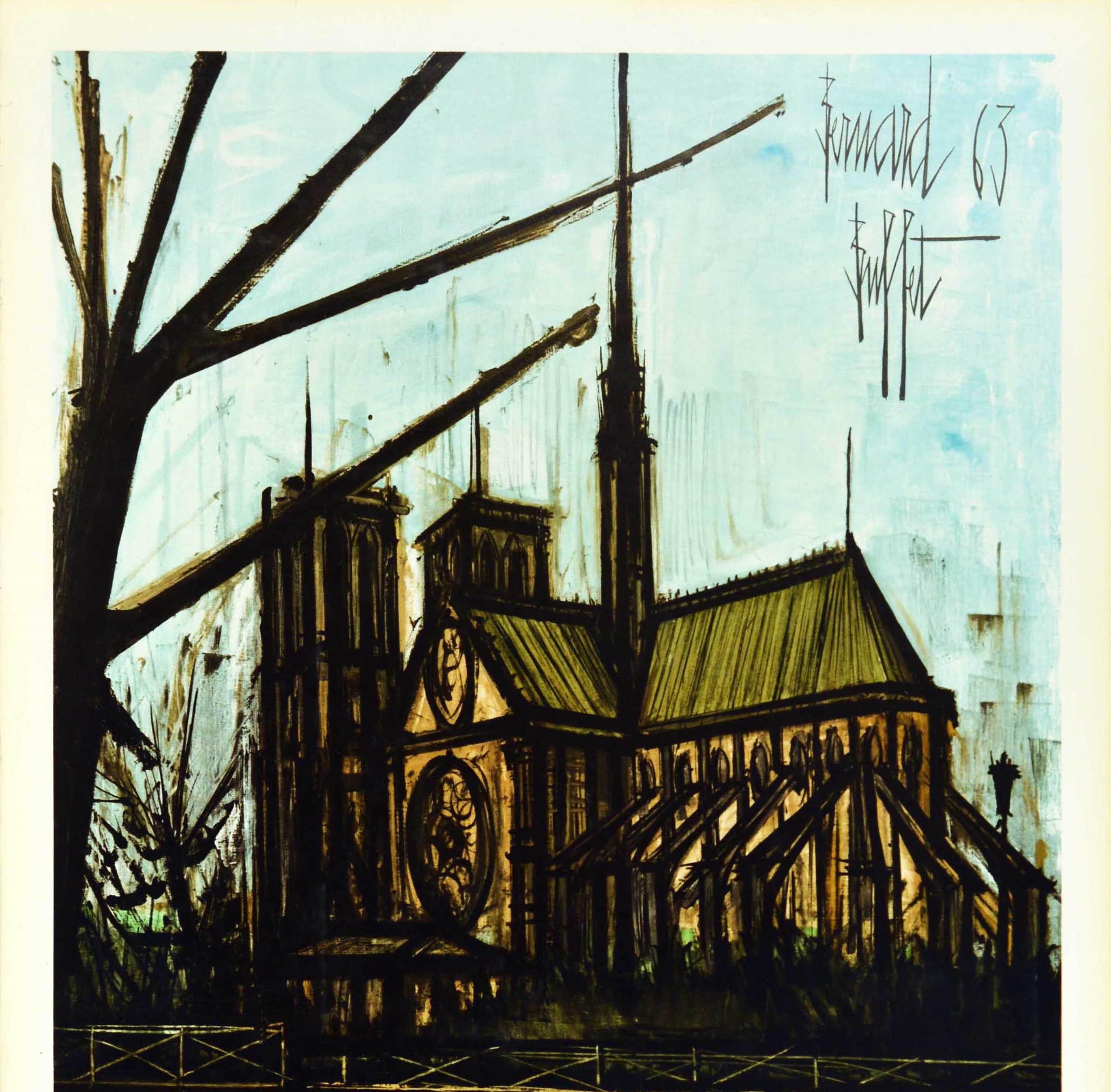Original vintage travel poster by French Railways promoting tourism to Paris featuring an illustration by a French expressionism painter Bernard Buffet (1928-1999) depicting the historic medieval Notre Dame cathedral on the Ile de la Cite with a