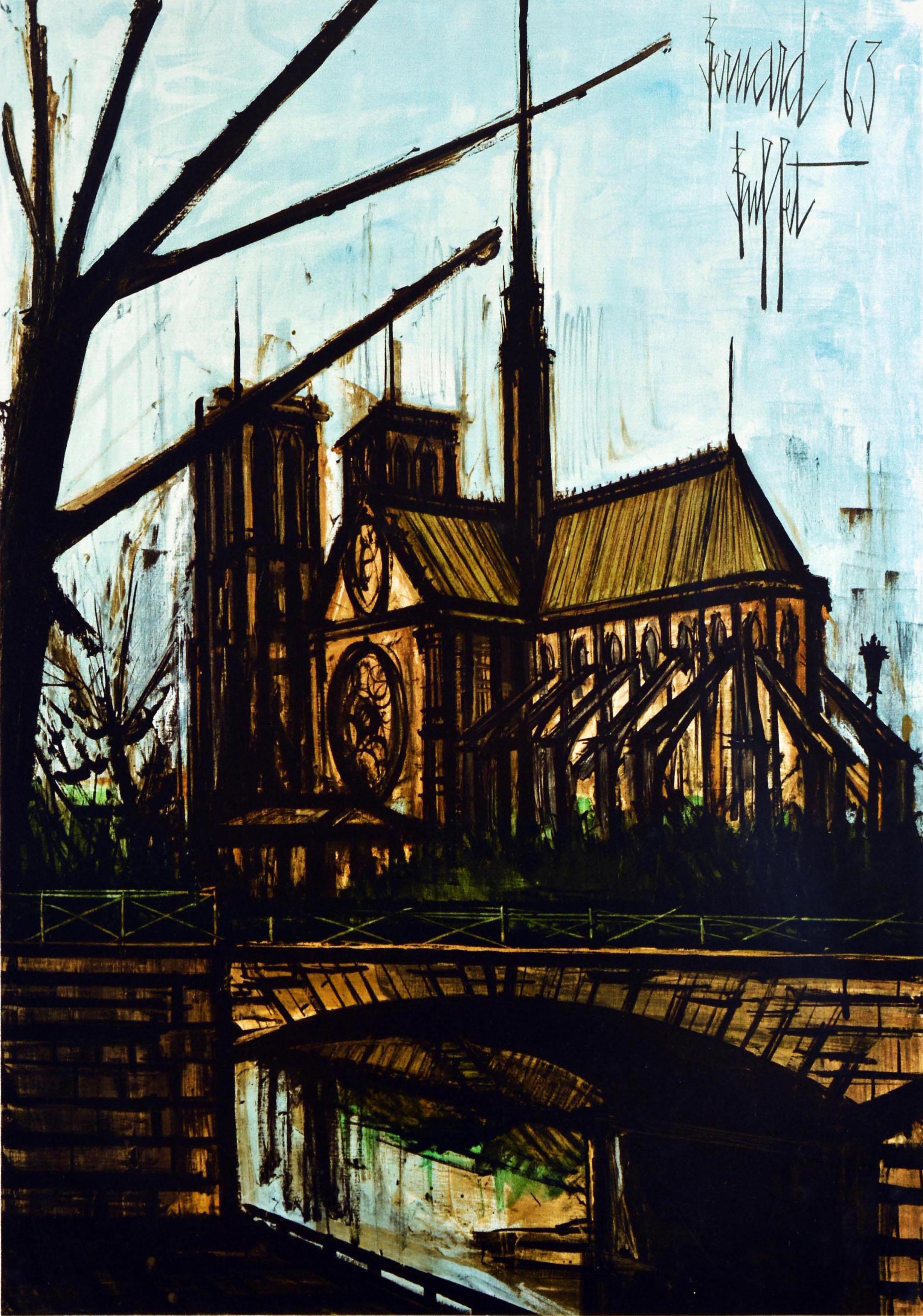 Original vintage travel poster for Paris Franzosische Eisenbahnen / French Railways featuring great artwork by the notable French expressionist painter Bernard Buffet (1928-1999) depicting the historic medieval Notre Dame cathedral on the Ile de la